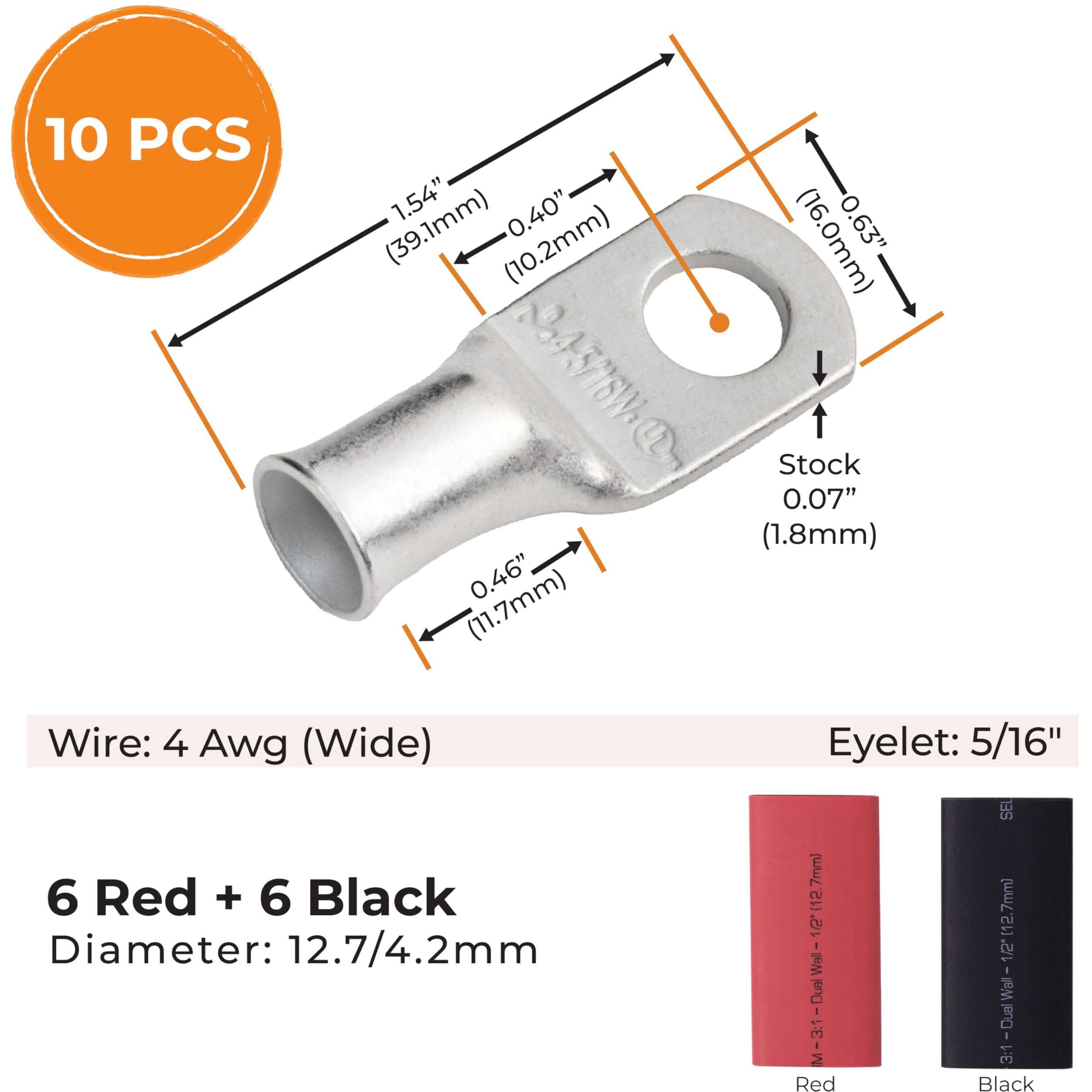 Selterm 10Pcs - 4 Awg 5/16"" Stud (Wide) Battery Lugs - Ring Terminal Connectors With 12Pcs 31 Black & Red Heat Shrink Tubing With Adhesive  Heavy Duty Battery Cable Ends - Tinned Copper Wire Lugs Kit