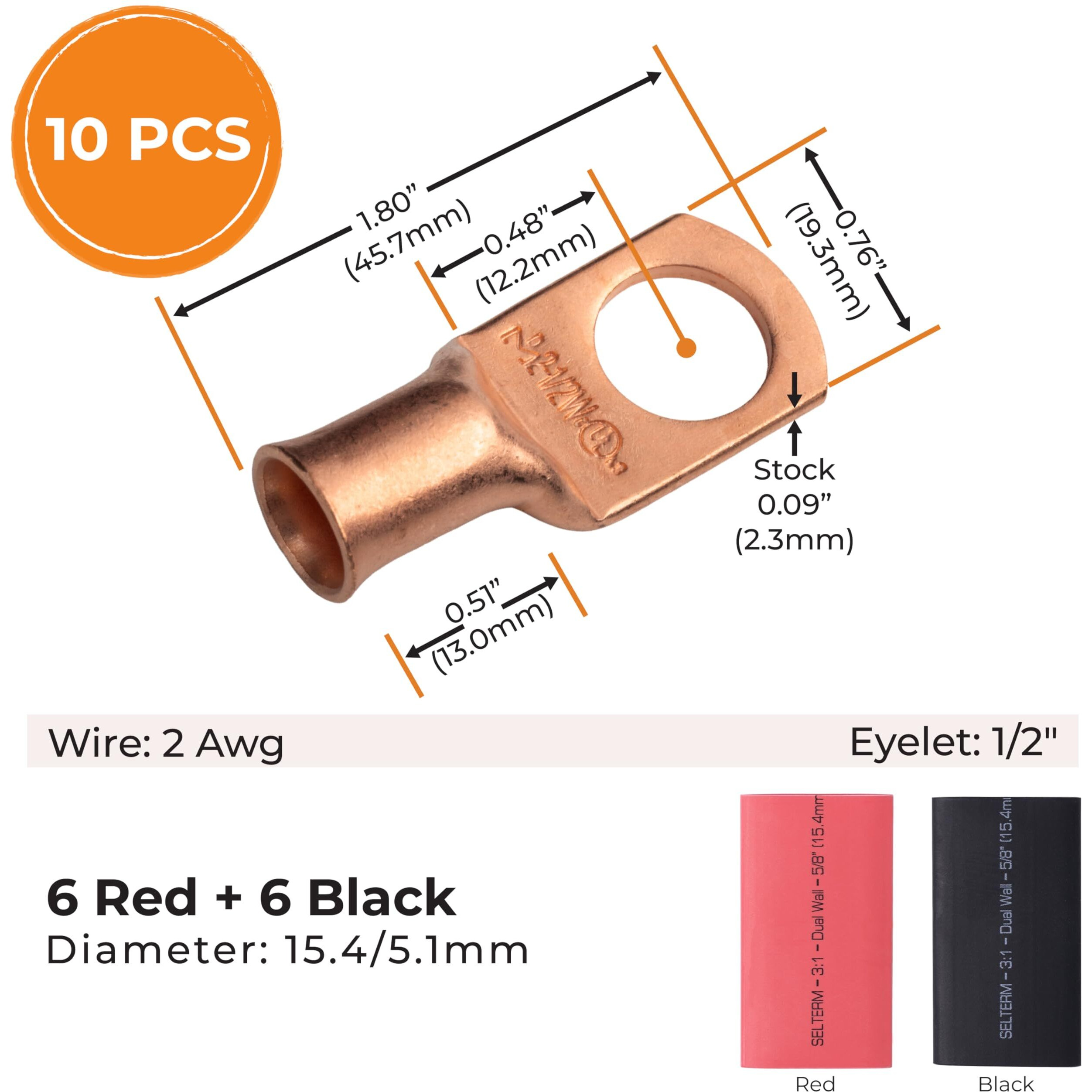 Selterm 10Pcs - 2 Awg - 1/2"" Stud - Battery Lugs - Ring Terminal Connectors | With 12Pcs 31 Black & Red Heat Shrink Tubing With Adhesive | Heavy Duty Battery Cable Ends - Bare Copper Wire Lugs Kit