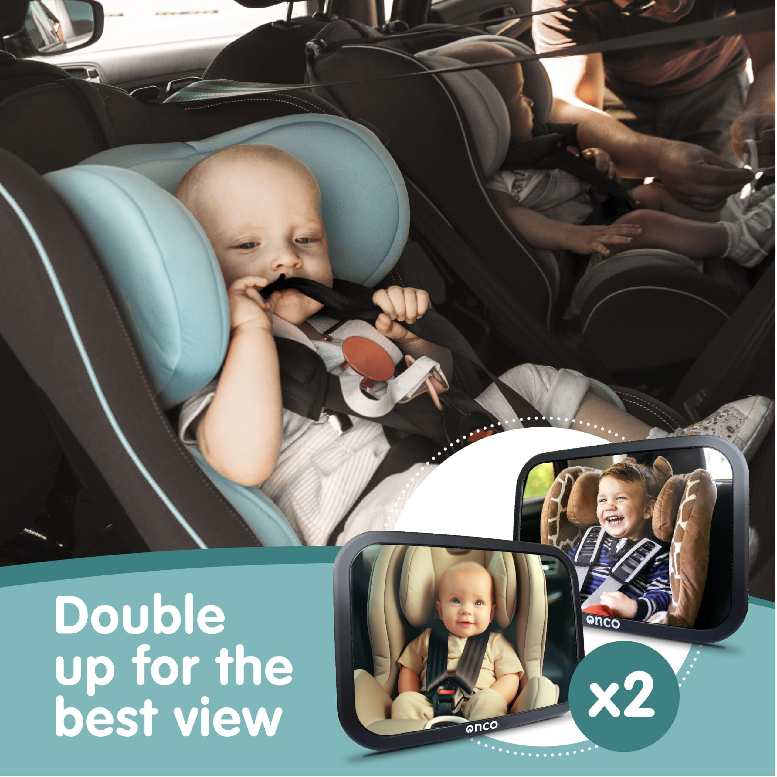 Onco Baby Car Mirror Rear Facing (2-Pack) - Award-Winning Car Mirror For Baby 100% Shatterproof Baby Mirror For Car Journeys  Shakeproof Car Seat Mirror For Baby Rear Facing  Universal Car Baby Mirror