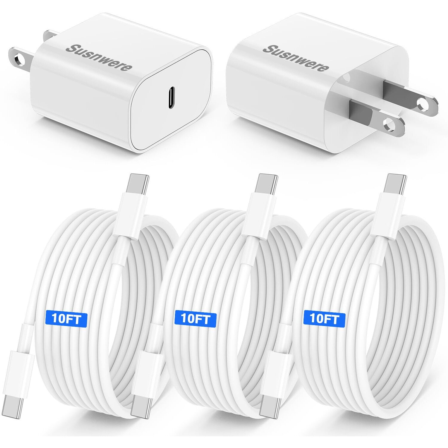 Susnwere Genuine 20W Usb C Charger Block For Extra Long For Iphone 15 16 Charger 10Ft 2-Pack Authentic 20W Fast Wall Charger For 15/15 Pro/Pro Max/Ipad Pro Airpods/Samsung With 3 Pack 10Ft Usb-C Cable