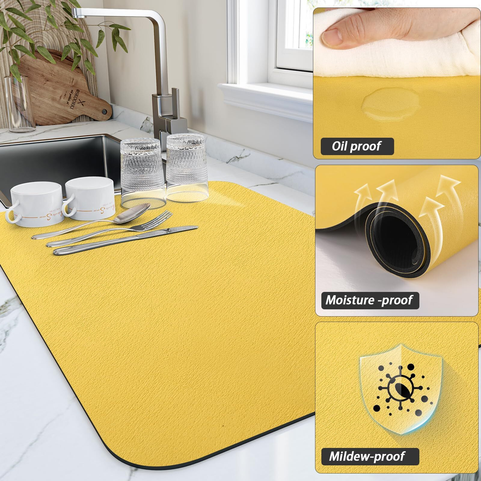 Hotlive Dish Drying Mat For Kitchen Counter  Heat Resistant Drainer Mats With Non-Slip Rubber Backed  Hide Stain Kitchen Super Absorbent Draining Mat  Easy To Clean Dish Rack Pad  Yellow 16&quot&quotX20&quot&quot