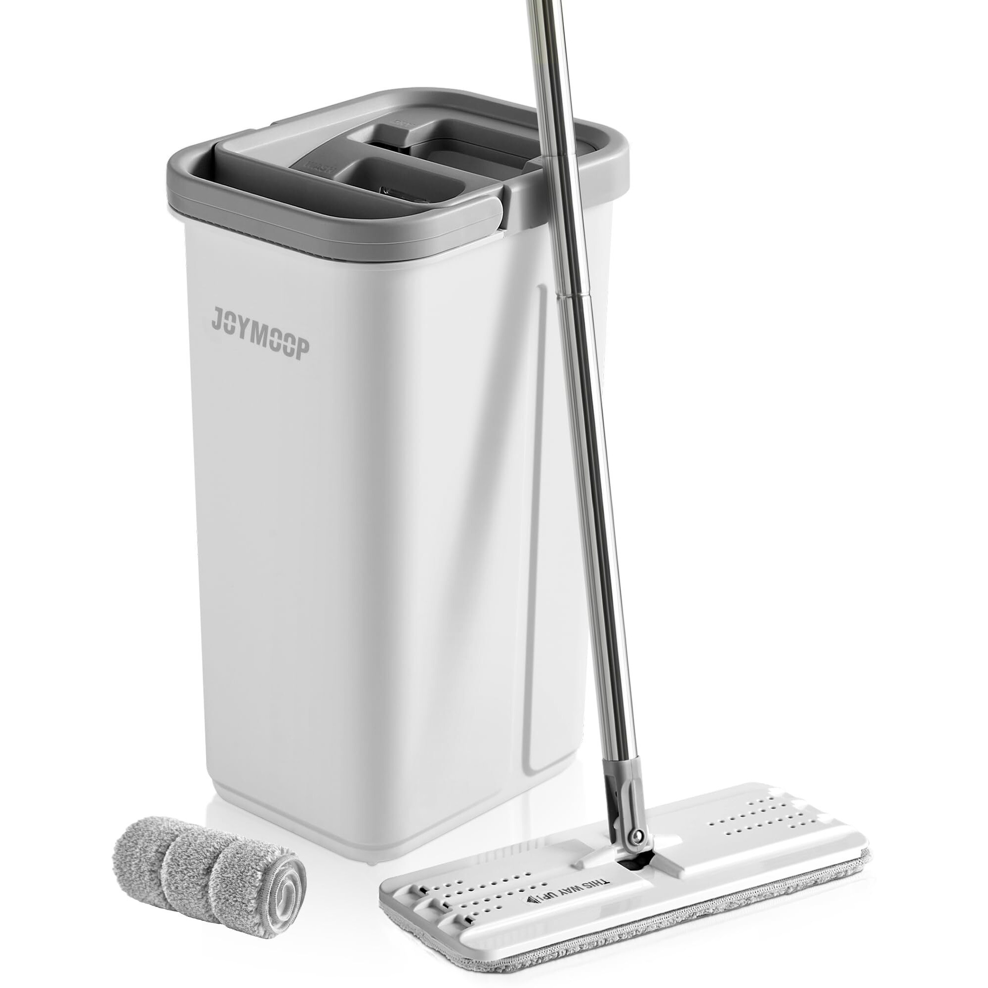 Joymoop Mop And Bucket With Wringer Set  Flat Squeeze Mop Flat Head  Dust Mops For Wall Cleaner With Long Handle  Hands-Free Microfiber Mops For Floor Cleaning - White