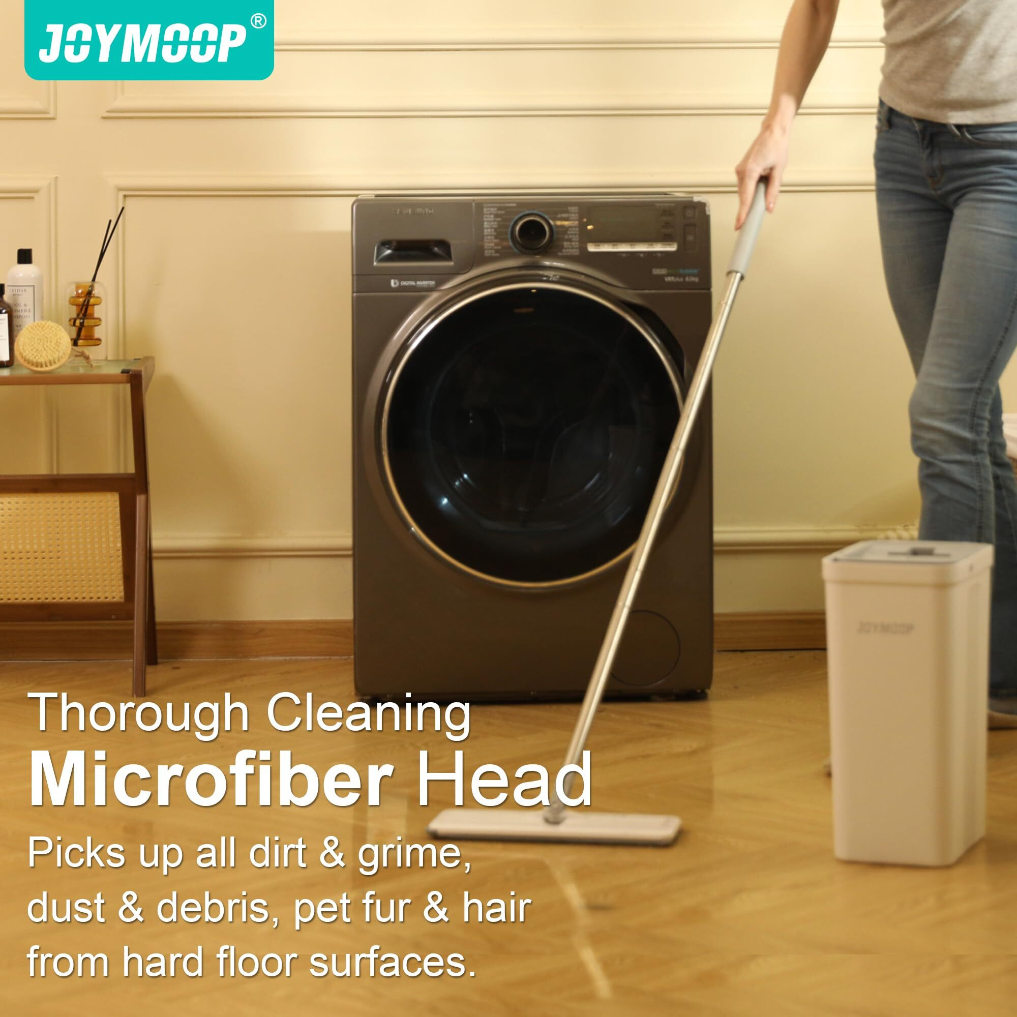 Joymoop Mop And Bucket With Wringer Set  Flat Squeeze Mop Flat Head  Dust Mops For Wall Cleaner With Long Handle  Hands-Free Microfiber Mops For Floor Cleaning - White