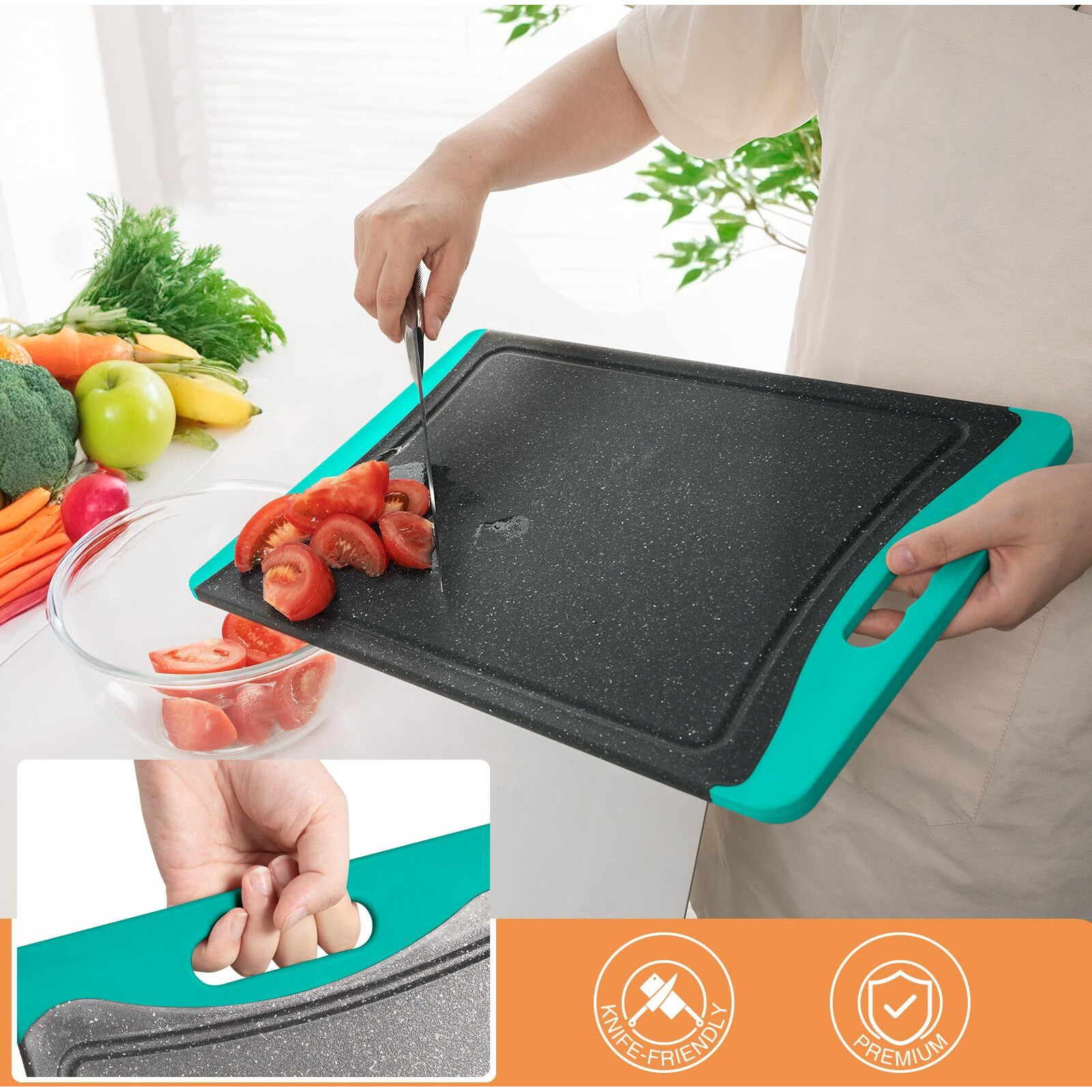 Extra Large Cutting Boards  Plastic Cutting Boards For Kitchen (Set Of 3) Cutting Board Set Dishwasher Chopping Board With Juice Grooves Easy-Grip Handles  Turquoise  Empune