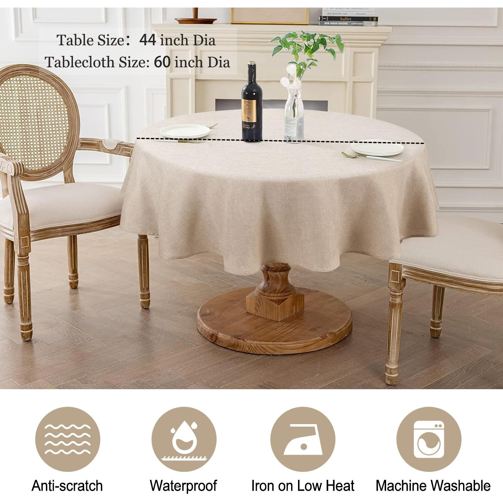 Ausspvoct Textured Linen 54 Inch Round Tablecloth Up To 36'' Tables  Waterproof Spill-Proof Fall Table Cloth Wrinkle Free Circle Dining Table Cover For Birthday Farmhouse Christmas Holiday Party Decor