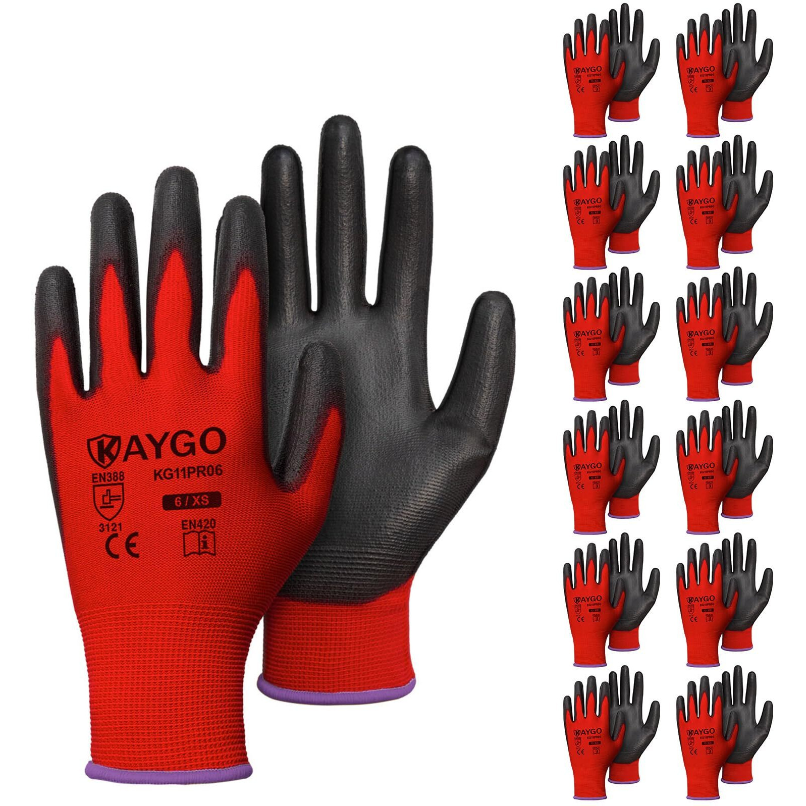 Kaygo Safety Work Gloves Pu Coated-12 Pairs Seamless Knit Glove With Polyurethane Coated Smooth Grip On Palm & Fingers  For Men And Women  Ideal For General Duty Work  Kg11P (Xs  Red)