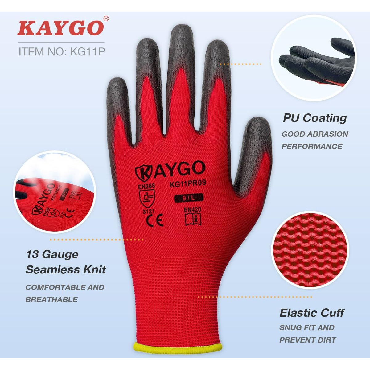 Kaygo Safety Work Gloves Pu Coated-12 Pairs Seamless Knit Glove With Polyurethane Coated Smooth Grip On Palm & Fingers  For Men And Women  Ideal For General Duty Work  Kg11P (Xs  Red)