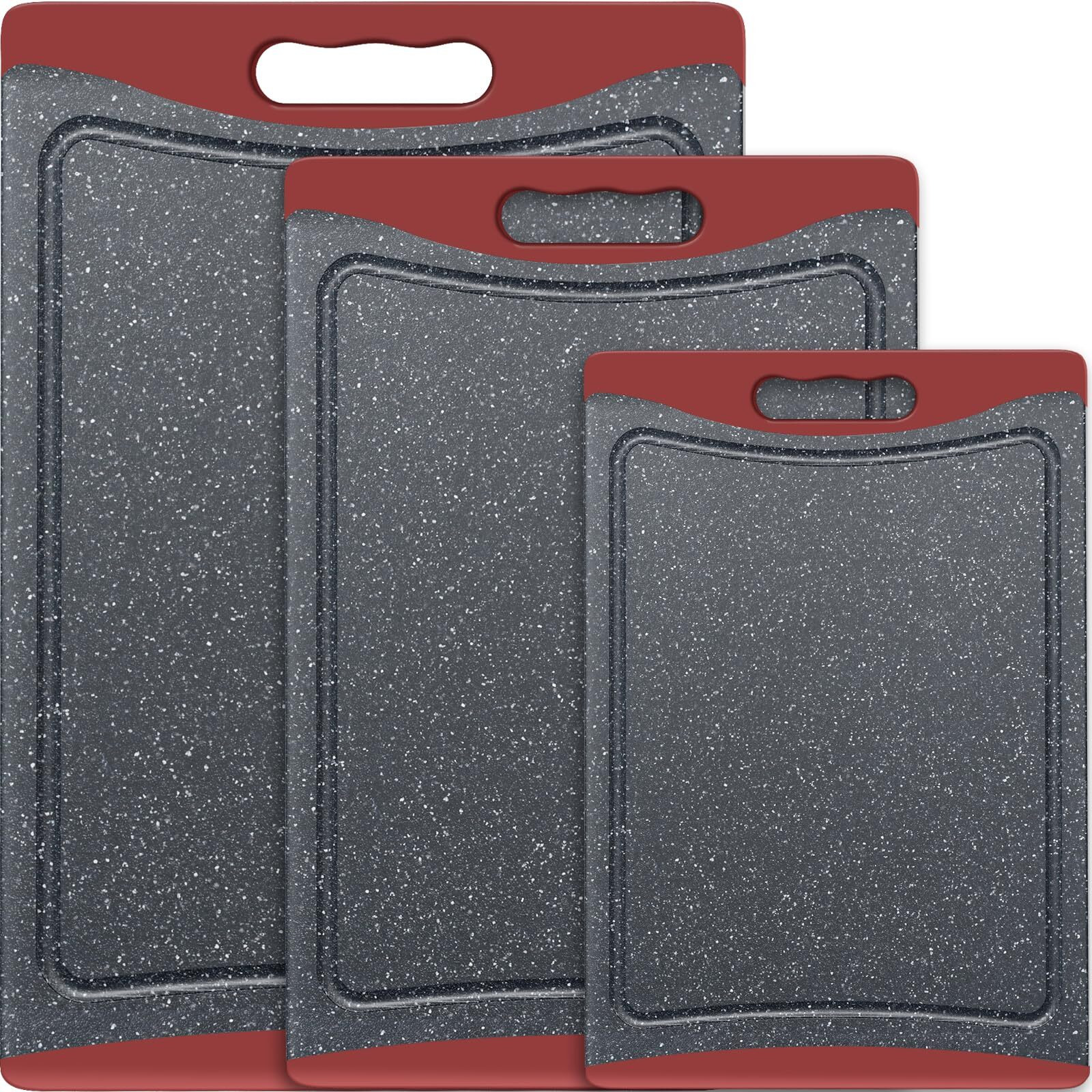Extra Large Cutting Boards  Plastic Cutting Boards For Kitchen (Set Of 3) Cutting Board Set Dishwasher Chopping Board With Juice Grooves Easy-Grip Handles  Red  Empune