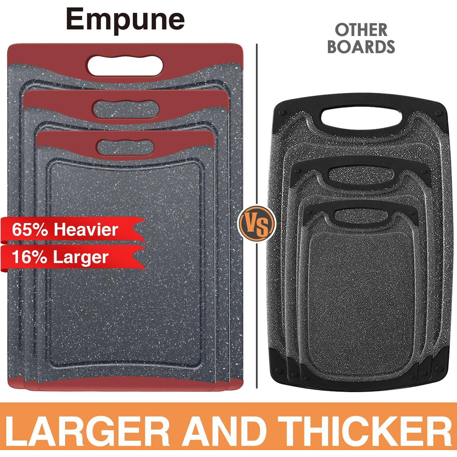 Extra Large Cutting Boards  Plastic Cutting Boards For Kitchen (Set Of 3) Cutting Board Set Dishwasher Chopping Board With Juice Grooves Easy-Grip Handles  Red  Empune