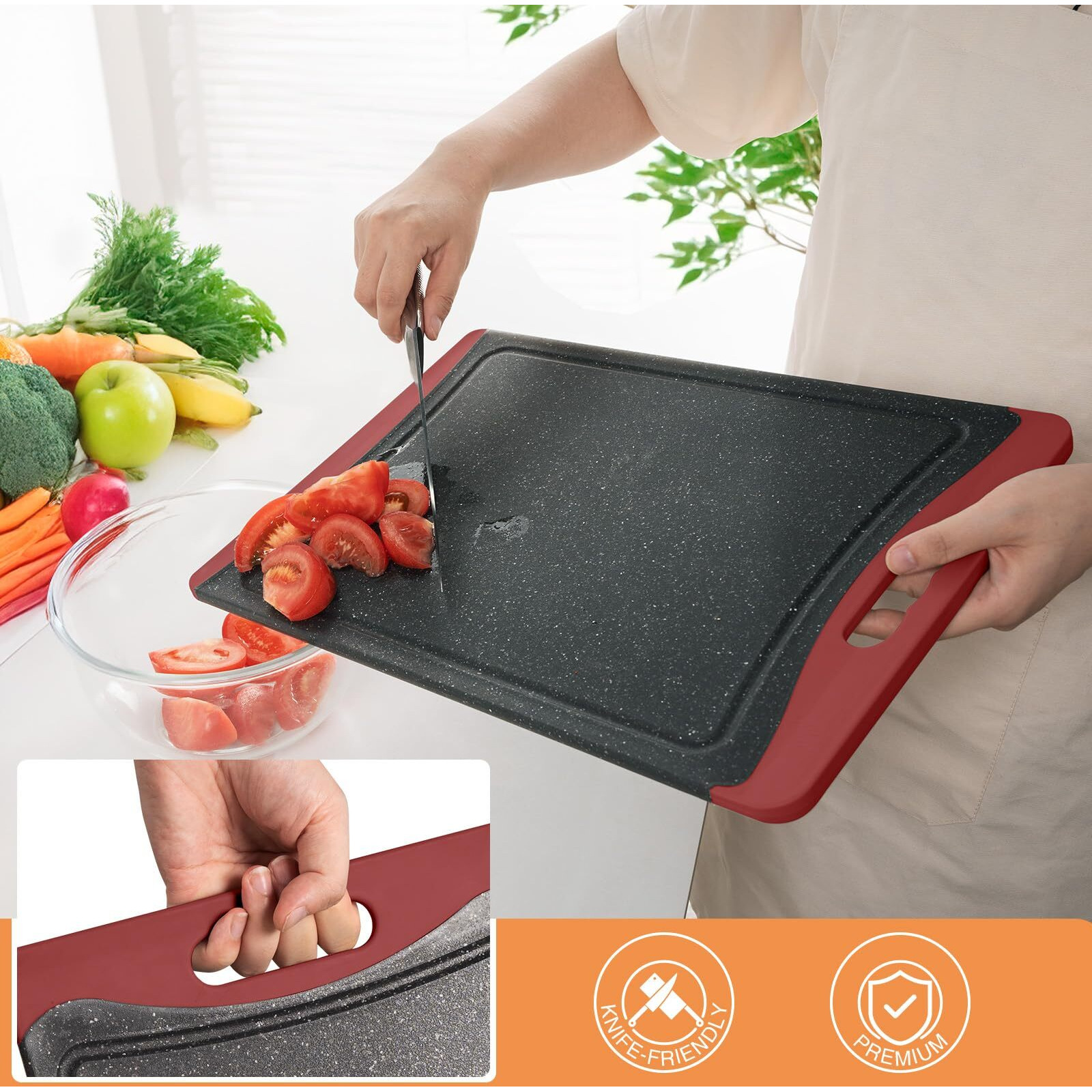 Extra Large Cutting Boards  Plastic Cutting Boards For Kitchen (Set Of 3) Cutting Board Set Dishwasher Chopping Board With Juice Grooves Easy-Grip Handles  Red  Empune