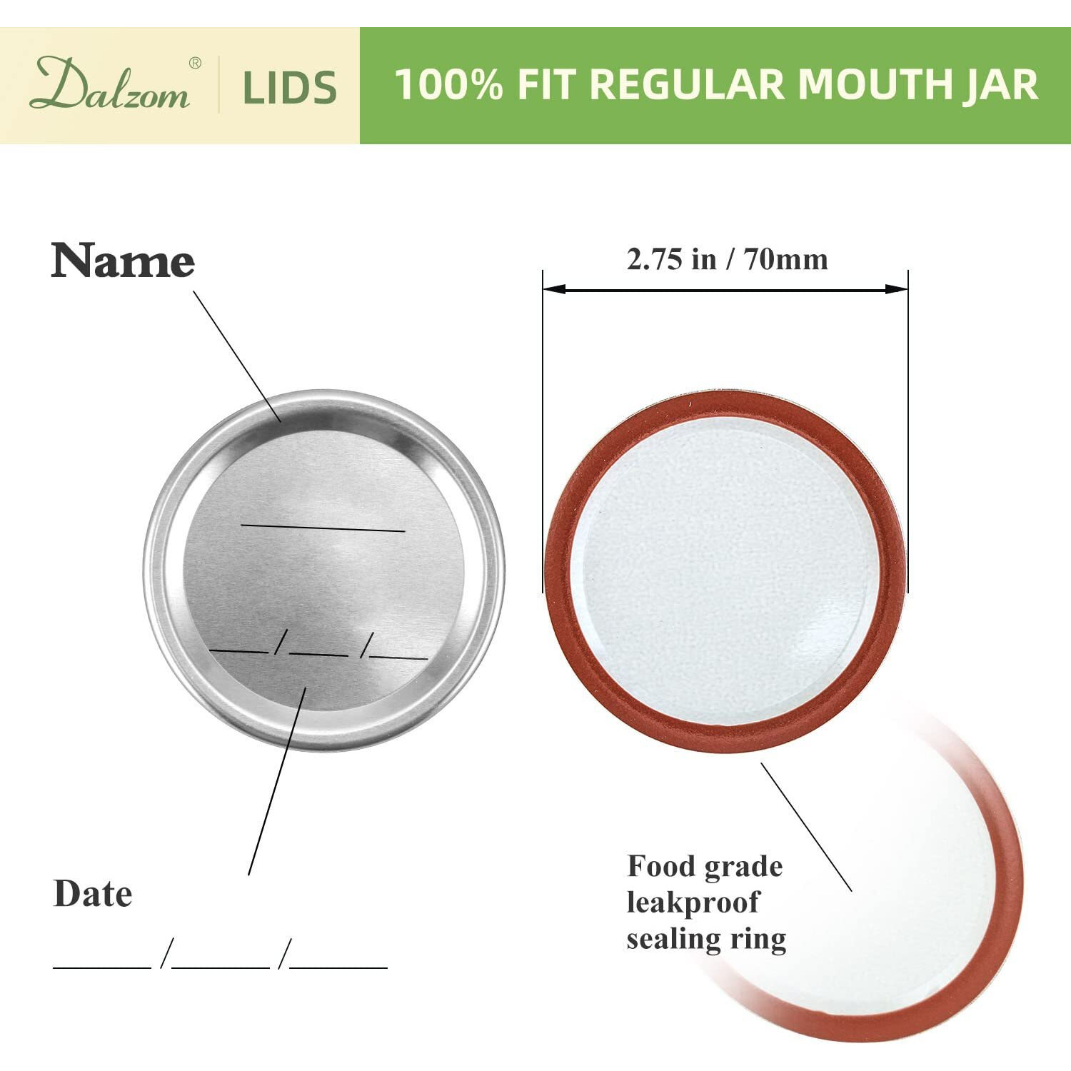 Dalzom 144Pcs Canning Lids With Rings Regular Mouth  Premium Mason Jar Lids With Rings For Regular Mouth Ball  Kerr Jars - Food Grade Material  100% Fit & Airtight For Regular Mouth Mason Jars
