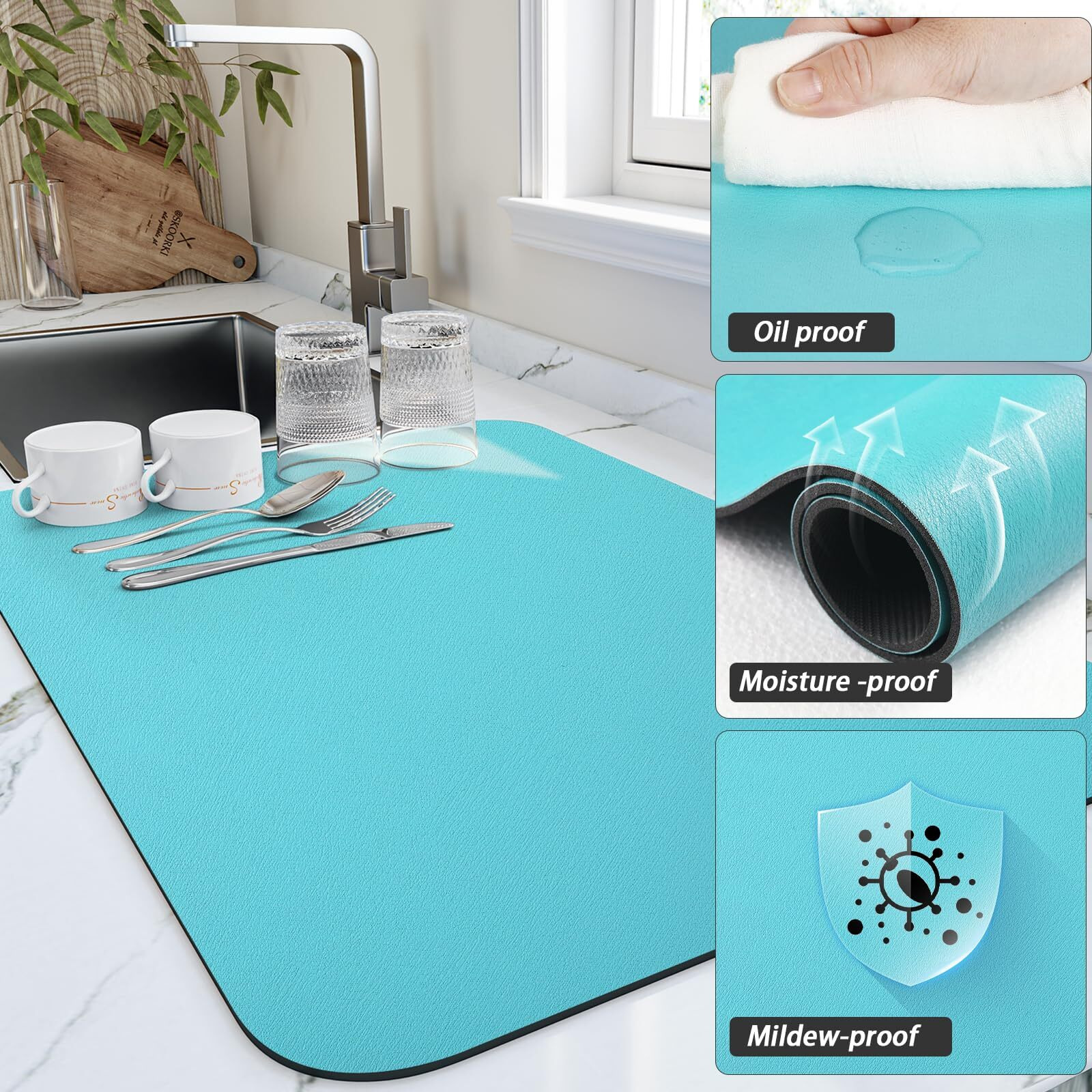 Hotlive Dish Drying Mat For Kitchen Counter  Heat Resistant Drainer Mats With Non-Slip Rubber Backed  Hide Stain Kitchen Super Absorbent Draining Mat  Easy To Clean Dish Rack Pad  Teal 16"&quotX20""