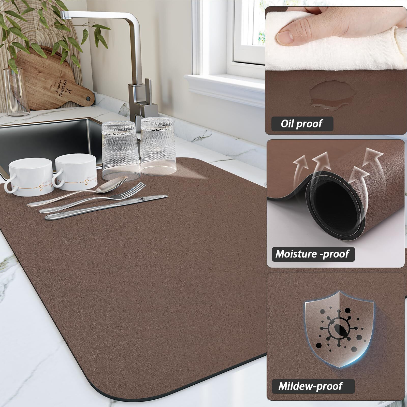 Hotlive Dish Drying Mat For Kitchen Counter  Heat Resistant Drainer Mats With Non-Slip Rubber Backed  Hide Stain Kitchen Super Absorbent Draining Mat  Easy To Clean Dish Rack Pad  Brown 16"&quotX20""