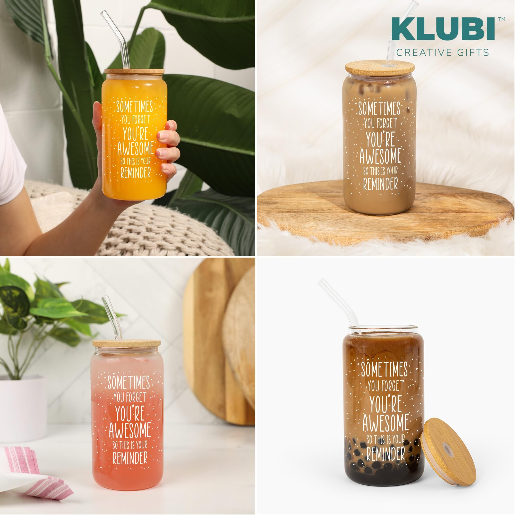 Klubi Birthday Gifts For Women - Sometimes You Forget Your Awesome Gifts For Her 16Oz Glass Cup With Lid And Straw Self Care Gifts For Women Farewell Gifts For Coworkers College Care Package For Girls