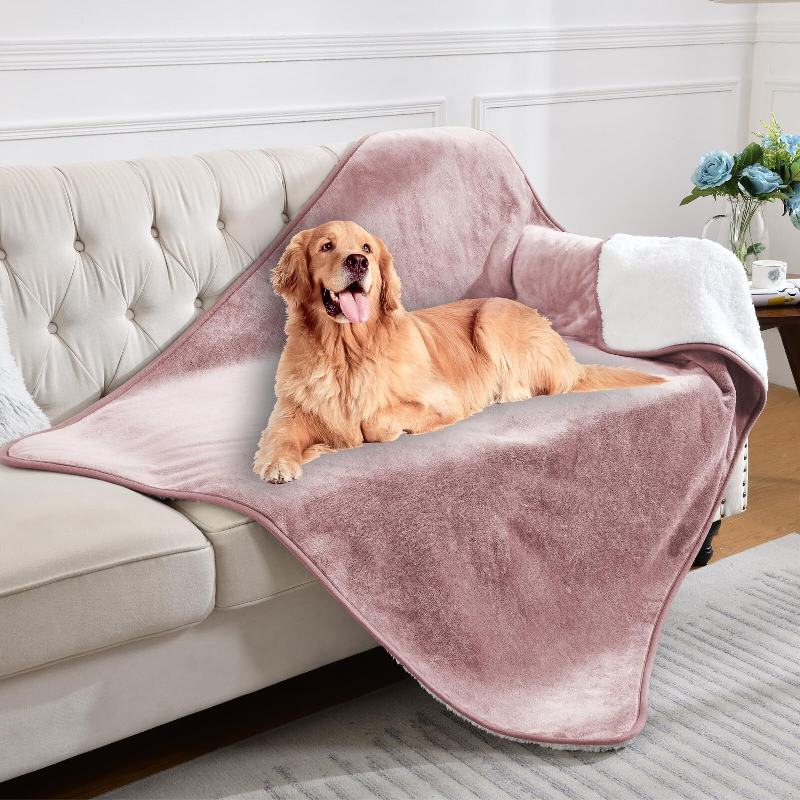 Yaning Waterproof Blanket For Bed Couch Sofa  Soft Liquid Pee Proof Pet Blanket For Dog Puppy Cat  Reversible Sherpa Fleece Furniture Protector (Dusty Pink  60X80 Inches)