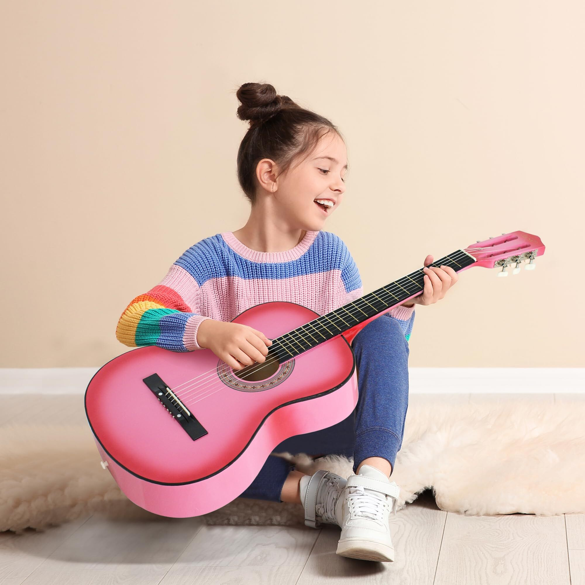 Zeny Beginners 38 Inch Acoustic Guitar Package Kit For Right-Handed Starters Kids Music Lovers W/Case  Strap  Pitch Pipe And Pick (Pink)