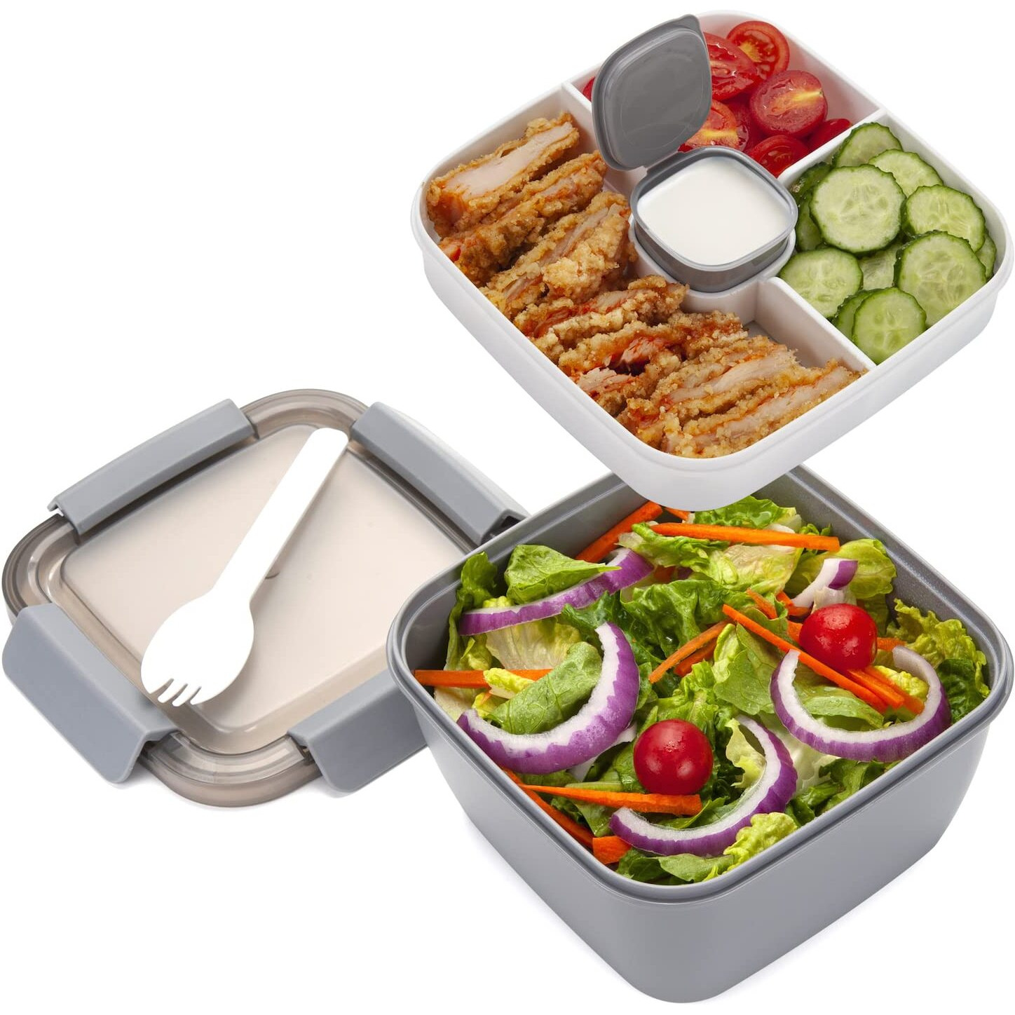 Freshmage Salad Lunch Container To Go  52-Oz Salad Bowls With 3 Compartments  Salad Dressings Container For Salad Toppings  Snacks  Men  Women (Grey)