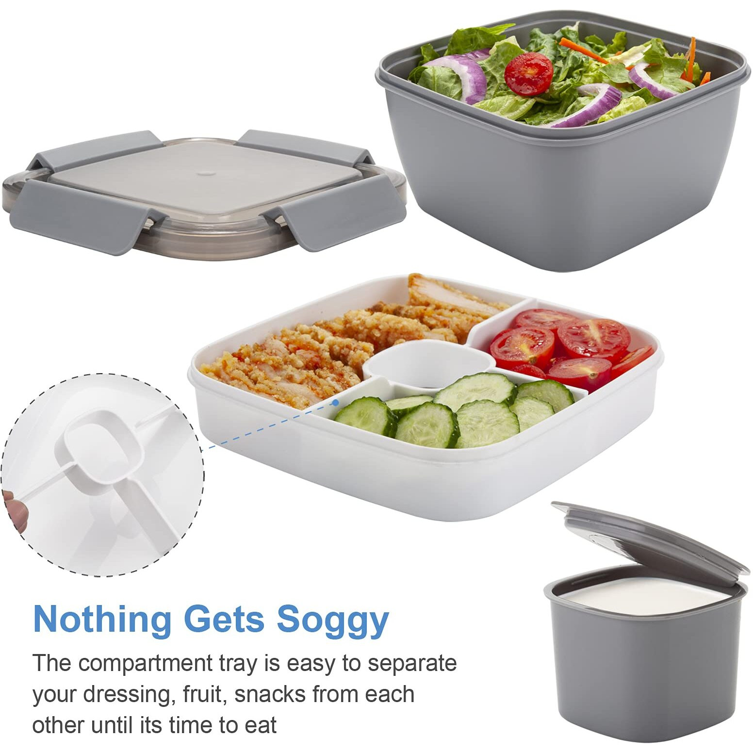Freshmage Salad Lunch Container To Go  52-Oz Salad Bowls With 3 Compartments  Salad Dressings Container For Salad Toppings  Snacks  Men  Women (Grey)