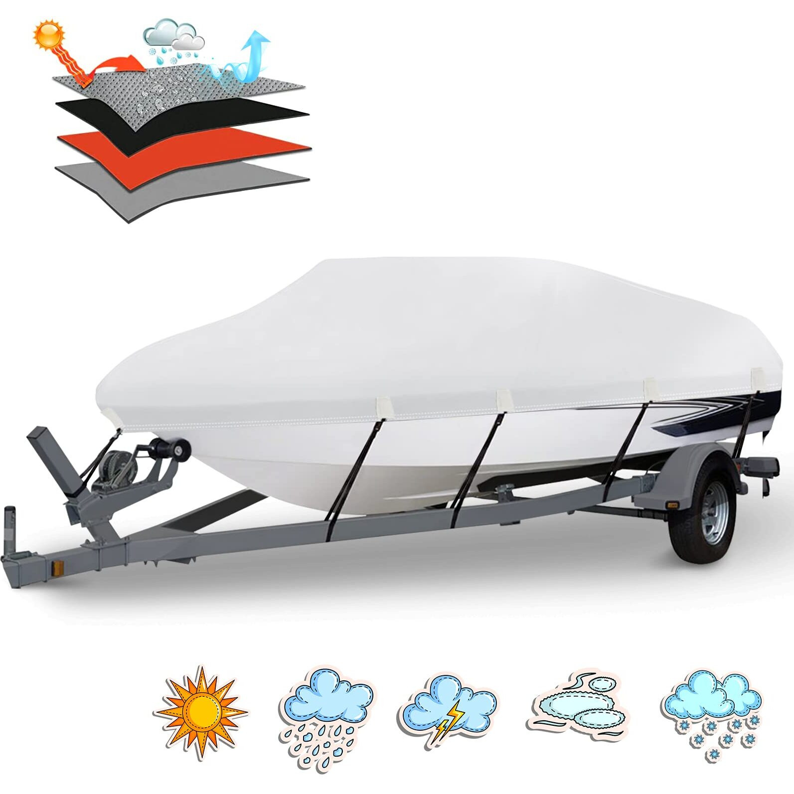 Hahasole Heavy Duty 1200D Pu Waterproof Boat Cover  16'- 18.5' Trailerable Marine Grade Polyester Canvas  Fits 16-18.5Ft V-Hull  Bass Boat  Runabout  Fishing Boat  Ski Boat With Tightening Strap