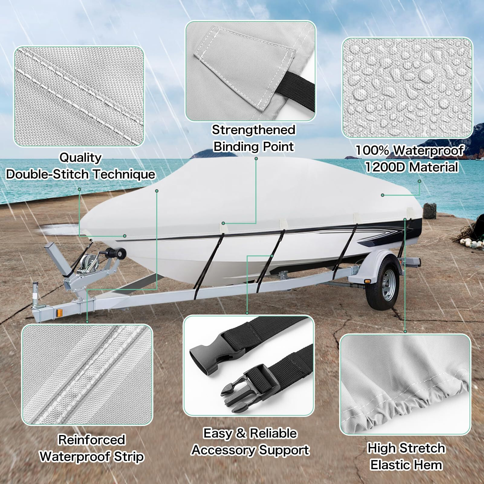 Hahasole Heavy Duty 1200D Pu Waterproof Boat Cover  16'- 18.5' Trailerable Marine Grade Polyester Canvas  Fits 16-18.5Ft V-Hull  Bass Boat  Runabout  Fishing Boat  Ski Boat With Tightening Strap