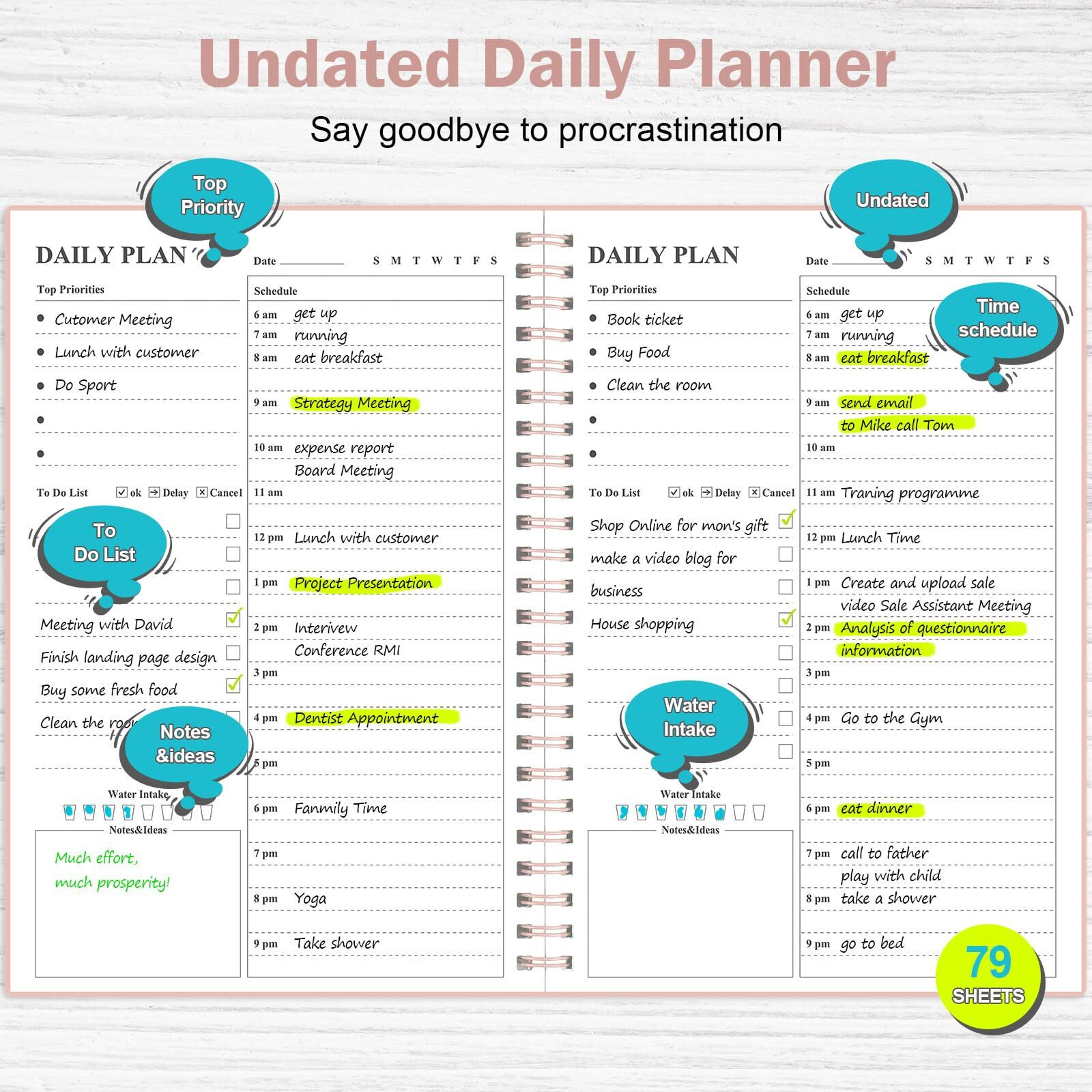 Daily Planner Undated  Asten To Do List Notebook Hourly Schedule Planner Spiral Appointment Planner Notebook For Men And Women  Day Planner For Adhd  Work Planner With Inner Pocket 8.3"&quotX5.8"" Pale Pink