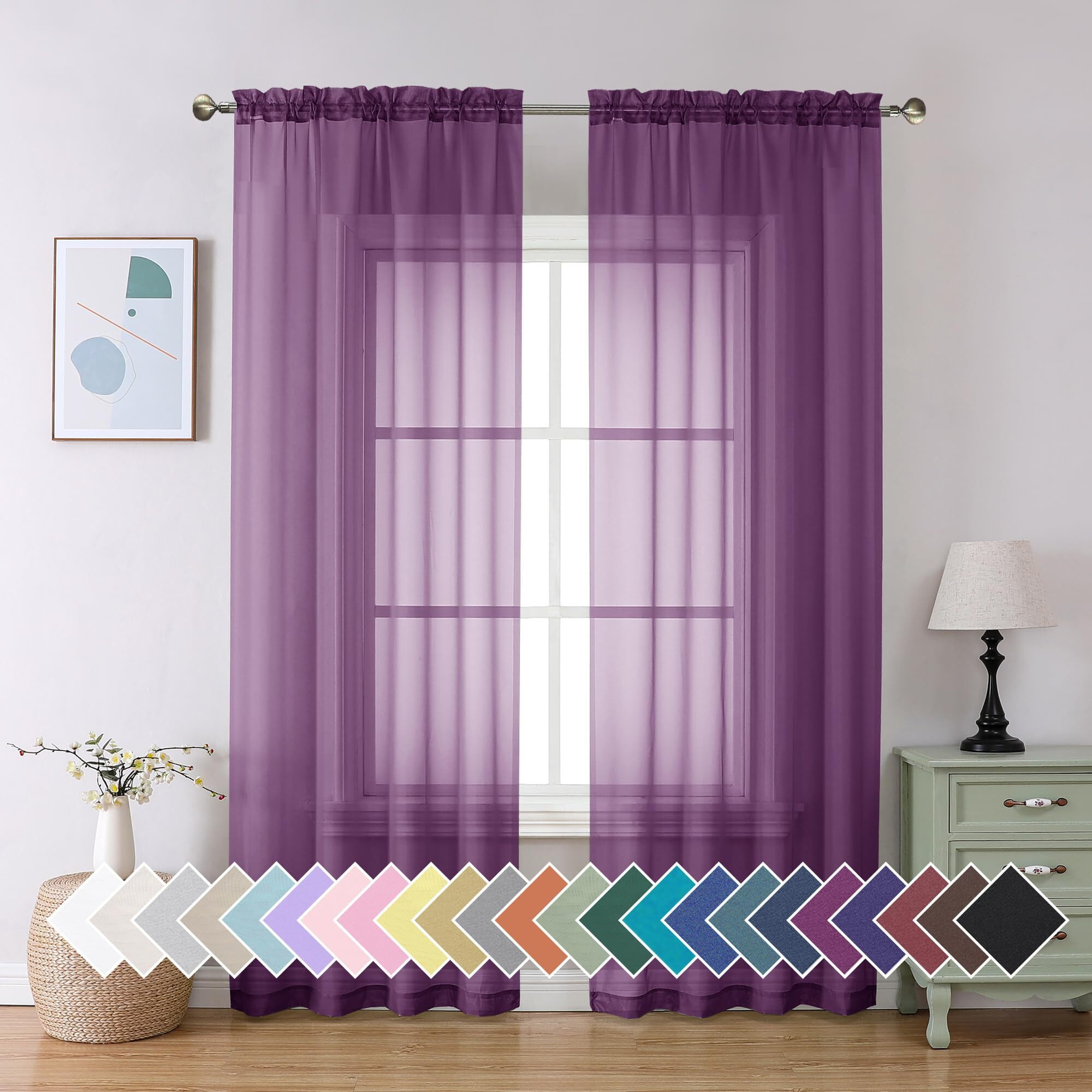 Aiyufeng Plum Purple Sheer Curtains 90 Inches Long 2 Panels  Solid Voile Top Dual Rod Pockets Stylish Breathable Drapes Window Treatment For Kid's Room/Bedroom/Living Room  42W X 90L Inches