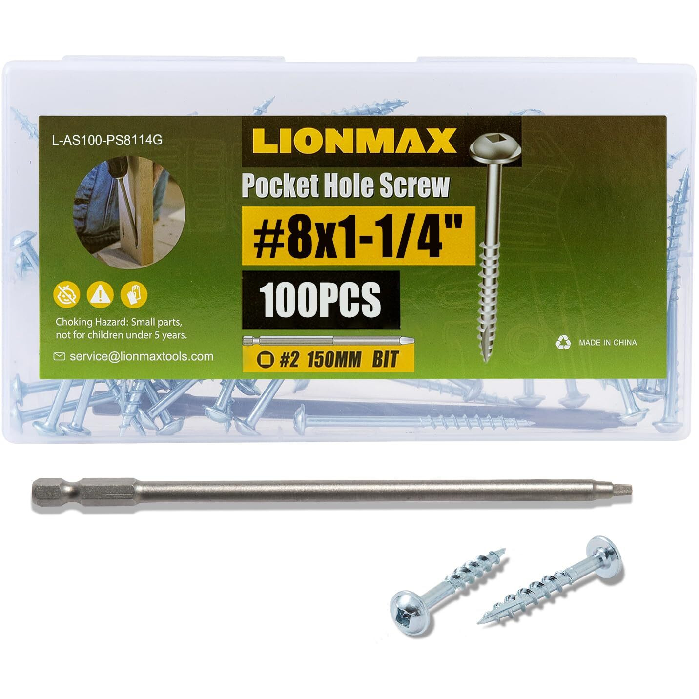 Lionmax Pocket Hole Screws 1-1/4 Inch  100 Pcs Interior Pocket Screw 8 X 1-1/4""  Coarse Thread  Square Drive  Washer Head  Zinc Plated Pocket Hole Screws  150Mm Drive Bit Included