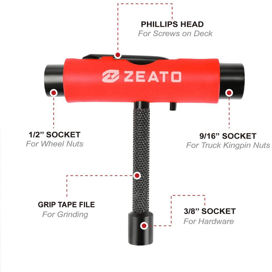 Zeato [Upgrade Version] All-In-One Skate Tools Multi-Function Portable Skateboard T Tool Accessory With T-Type Allen Key And L-Type Phillips Head Wrench Screwdriver - Red
