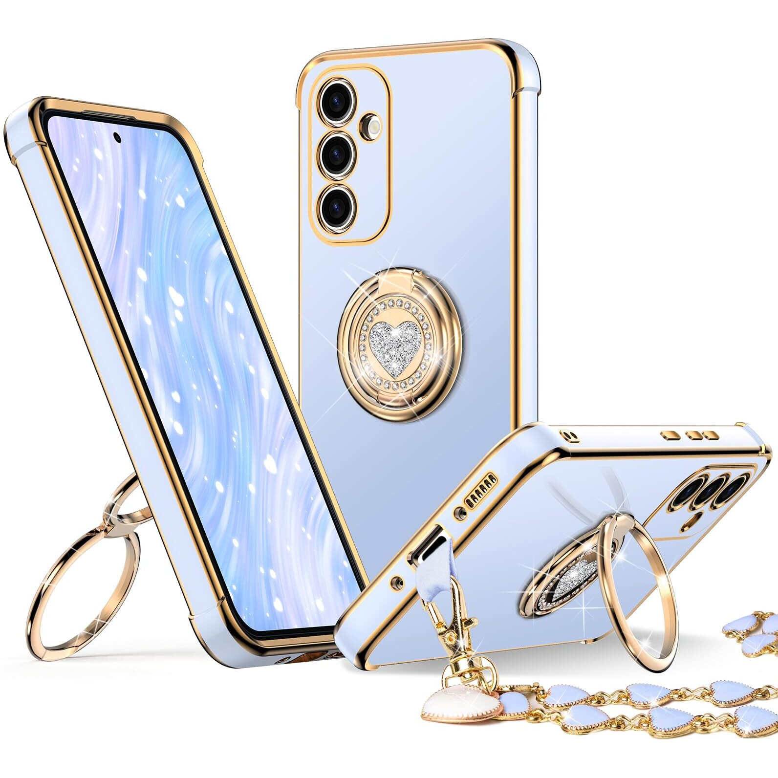 Xyz For Galaxy S24 Plus Case With Stand  Samsung S24 Plus Case With Double Ring  Women Girls Bling Luxury Protective Phone Case Heart For Samsung Galaxy S24 Plus  Blue