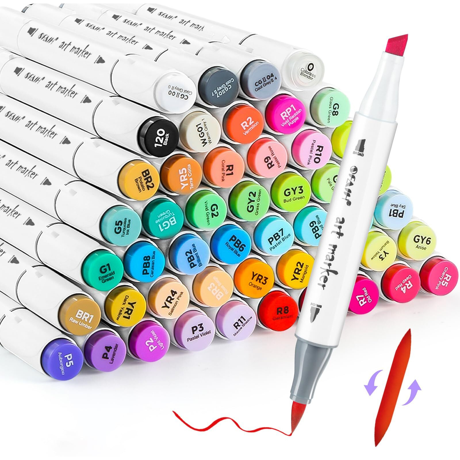 Sfaih Brush Tip Alcohol Markers Set - 49 Colors Double Tipped Art Markers For Artist Adult Coloring Illustration  Gifts For Artist Adult  Dual Tip Brush & Chisel - Refillable Ink