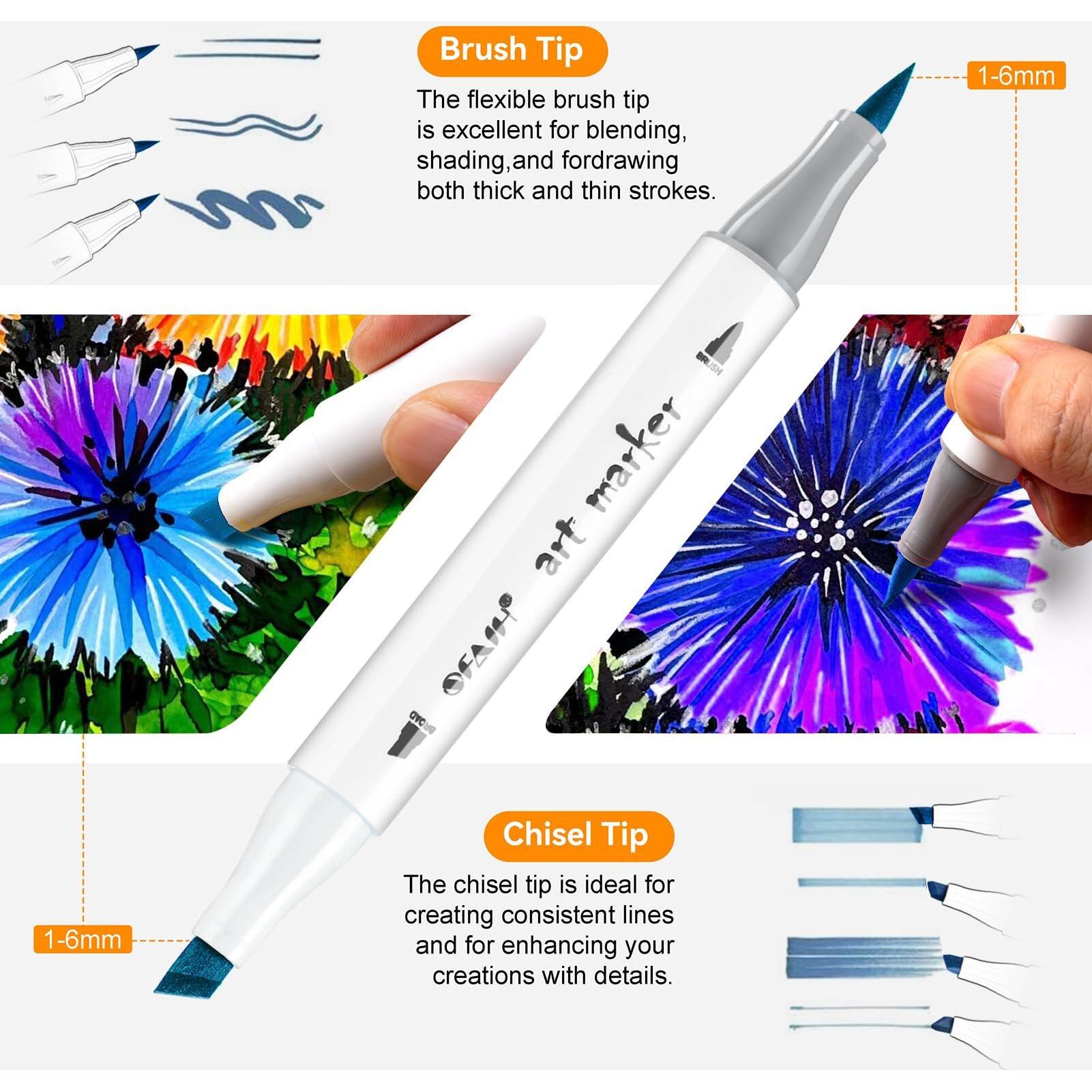Sfaih Brush Tip Alcohol Markers Set - 49 Colors Double Tipped Art Markers For Artist Adult Coloring Illustration  Gifts For Artist Adult  Dual Tip Brush & Chisel - Refillable Ink