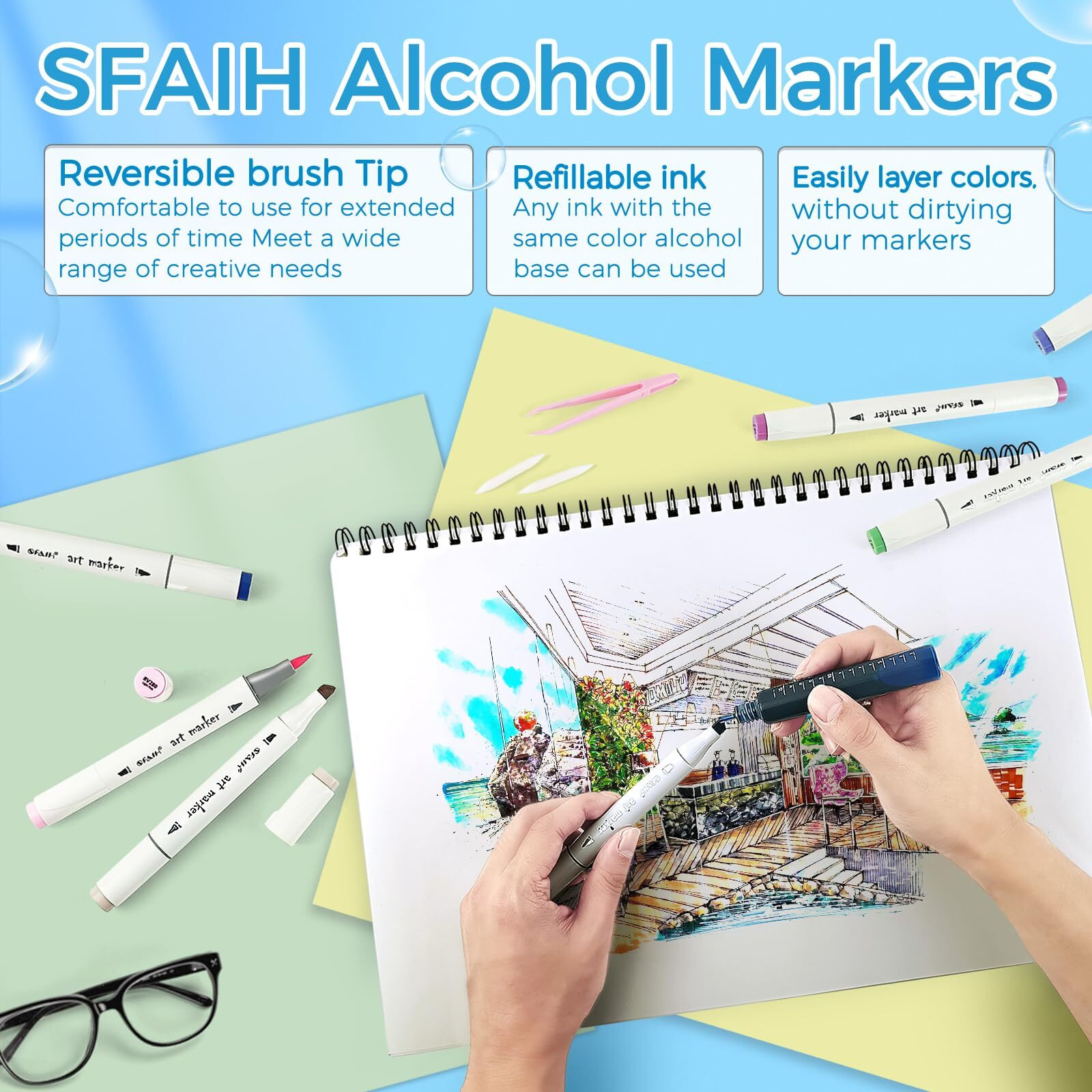 Sfaih Brush Tip Alcohol Markers Set - 49 Colors Double Tipped Art Markers For Artist Adult Coloring Illustration  Gifts For Artist Adult  Dual Tip Brush & Chisel - Refillable Ink