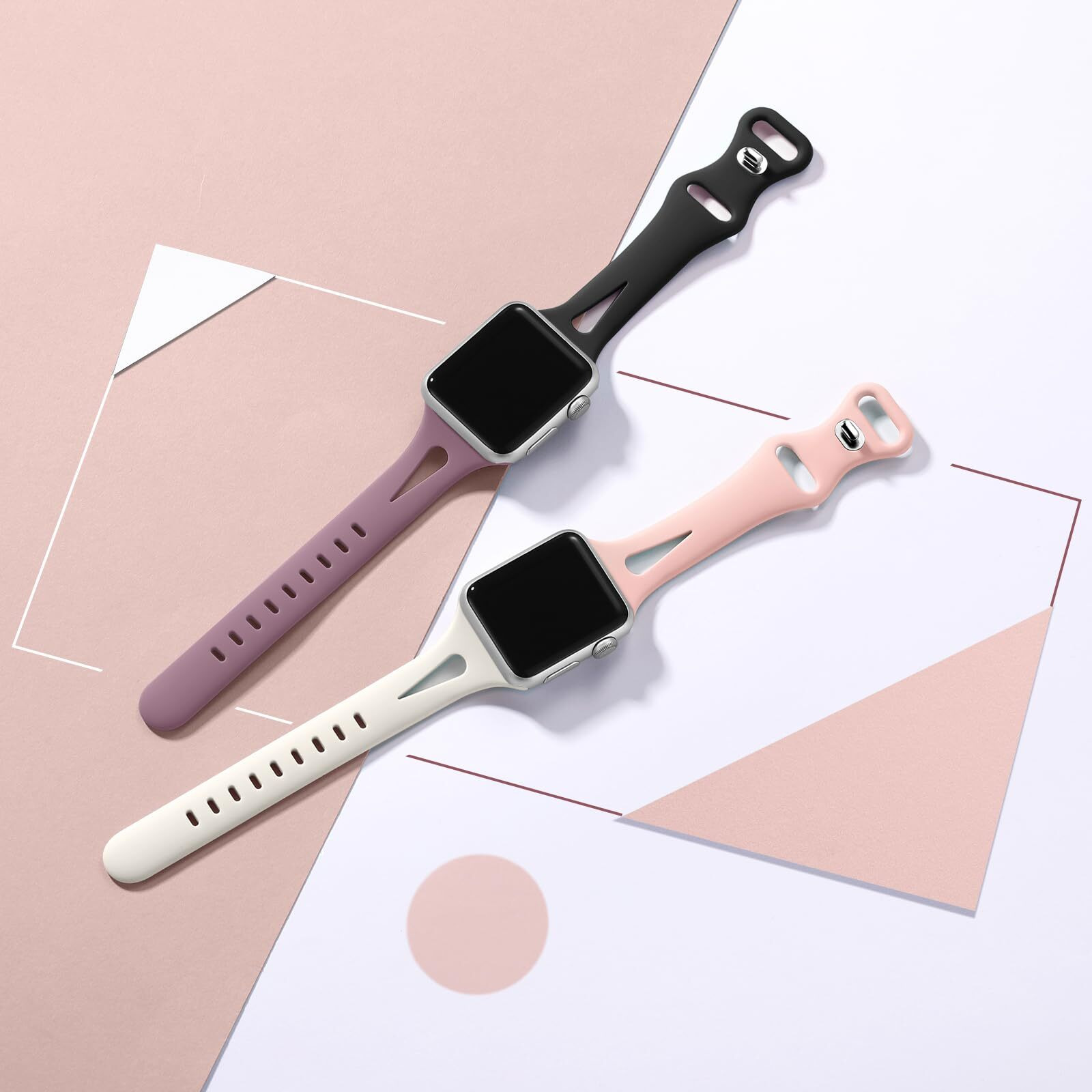 Getino Slim Bands Compatible With Apple Watch Band Series 10 9 8 7 6 5 4 3 2 1 Se 38Mm 40Mm 41Mm 42Mm Women  Dressy Soft Silicone Skinny Thin Sport Iwatch Wristbands Black/Pink/Smoke Purple/Starlight