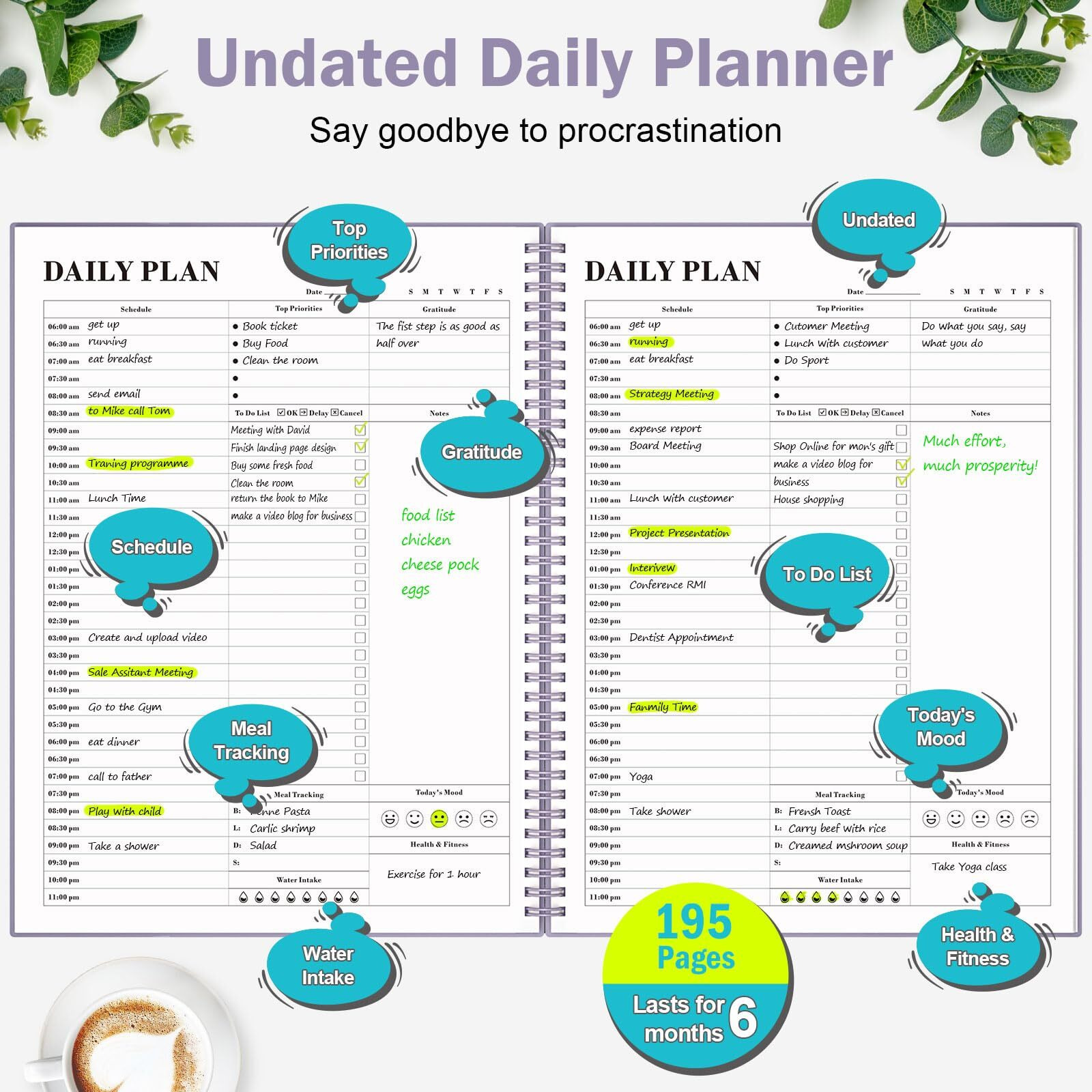 Planner Undated  Asten Daily Planner Agenda With To Do List  Hourly Planner For Women And Men  Spiral Appointment Book Planner Notebook With Elastic Closure  Day Planner For Adhd 8.5"" X 11"" (Purple)