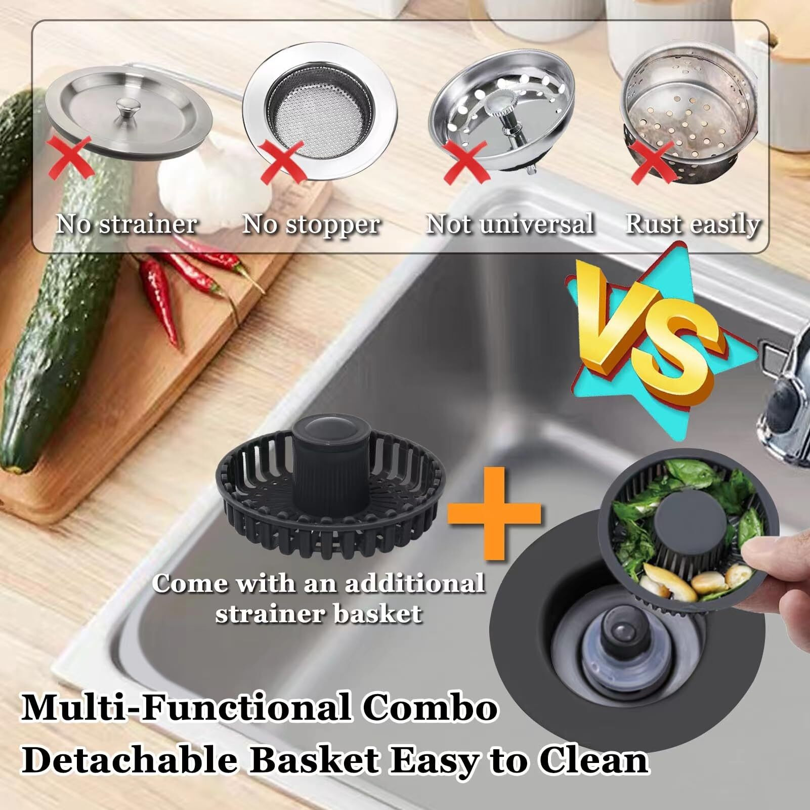Baolsls 3 In 1 Kitchen Sink Stopper  Pop Up Kitchen Sink Drain Strainer  With An Extra Basket Strainer  Kitchen Sink Drain Stopper For Us Standard 3-1/2 Inch  Brass Material Electroplate Black