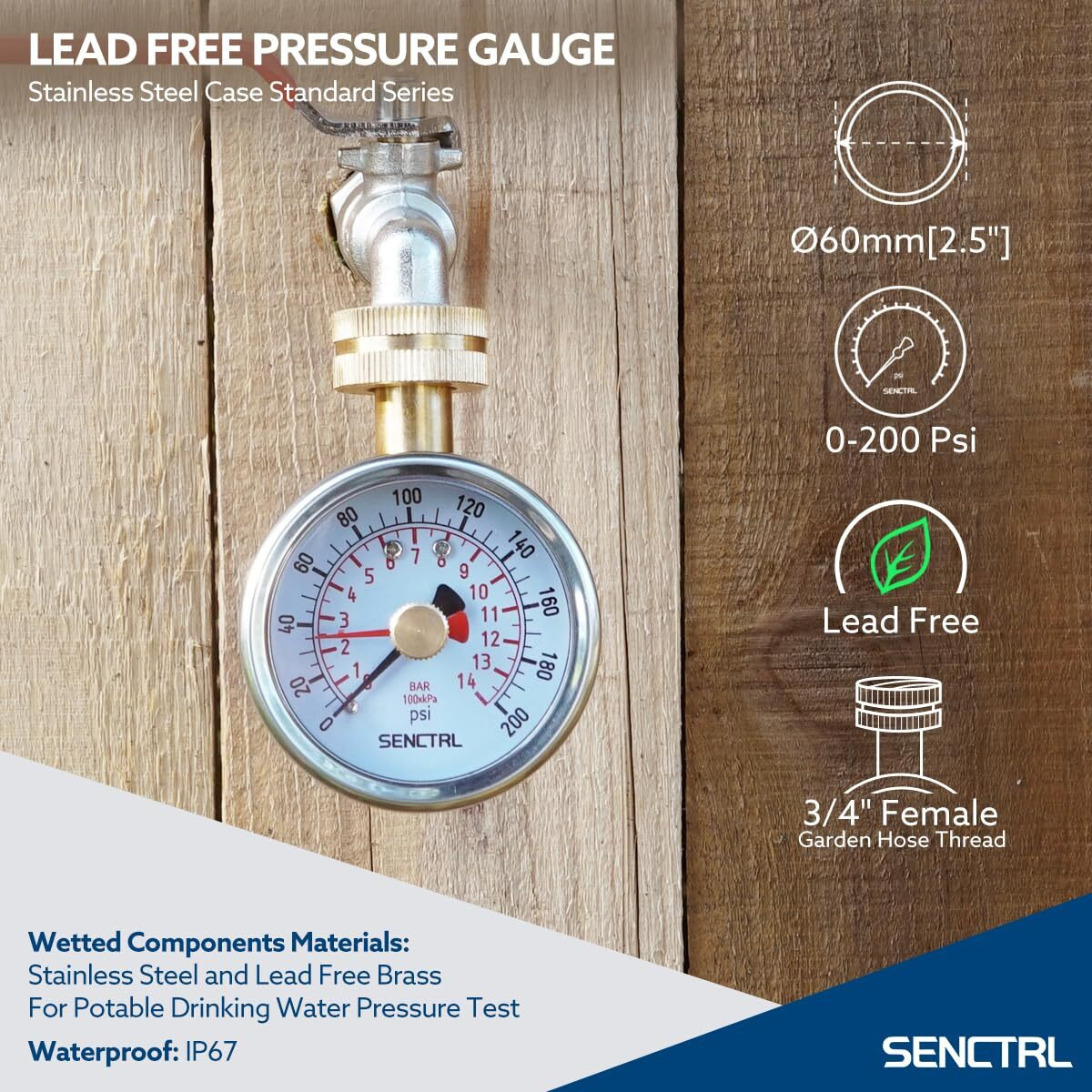 Senctrl 0-200 Psi Water Pressure Gauge Test With Lazy Hand  Lead-Free  Waterproof  2.5"" Dial Size  3/4"" Female Garden Hose Thread  Stainless Steel Case  For Home Potable Water  House Tube