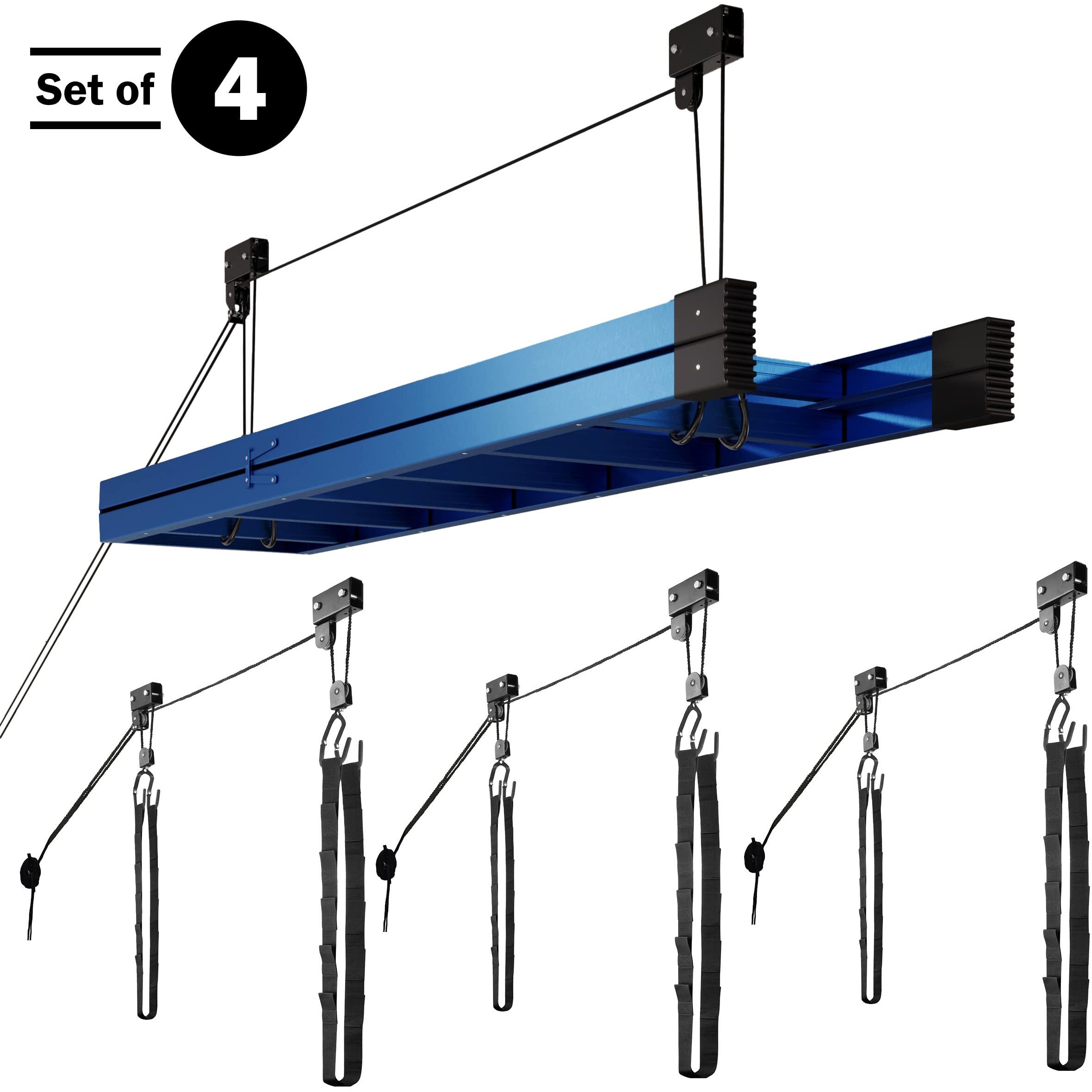 Kayak Storage Hoists 4-Pack - Overhead Pulley Hoist Systems - 125Lb Capacity For Canoes  Bikes  And Ladders By Rad Sportz
