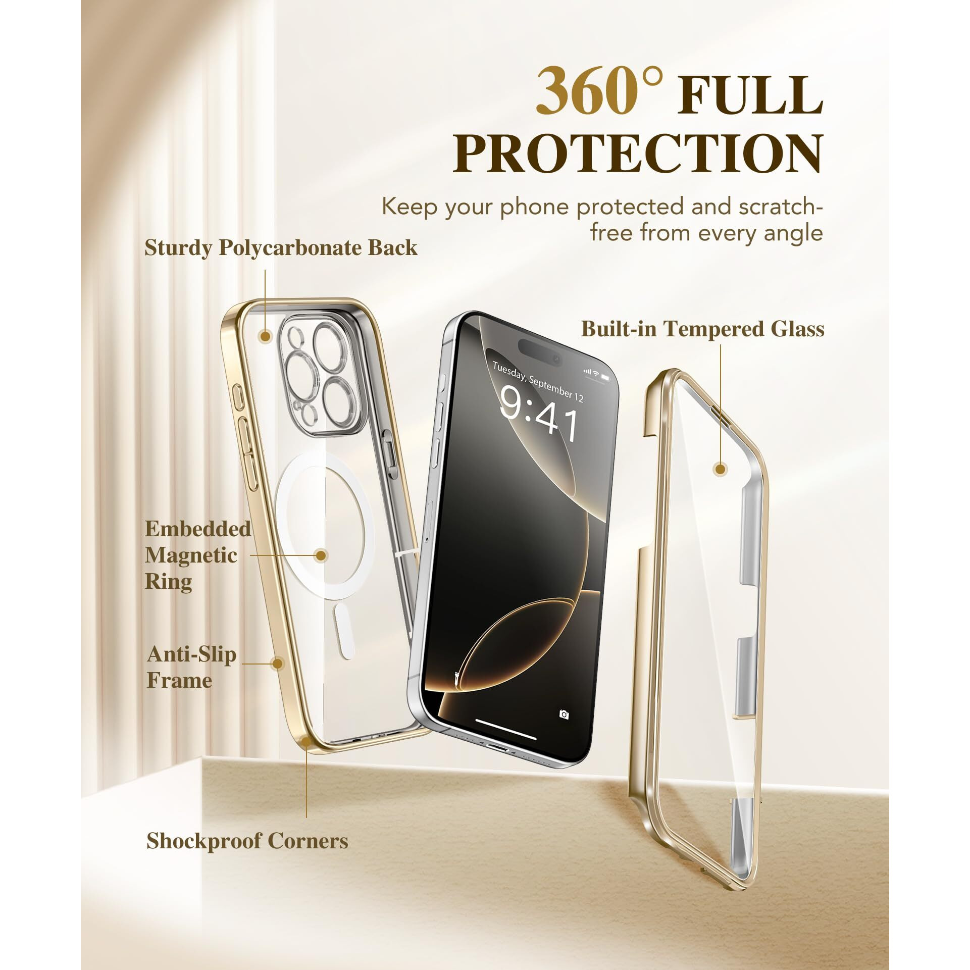 Berfy Magnetic For Iphone 16 Pro Case  Compatible With Magsafe  Built-In 9H Tempered Glass Screen Protector & Upgraded Camera Protection  Full-Body Plating Shockproof Phone Case For 16 Pro 6.3""  Gold