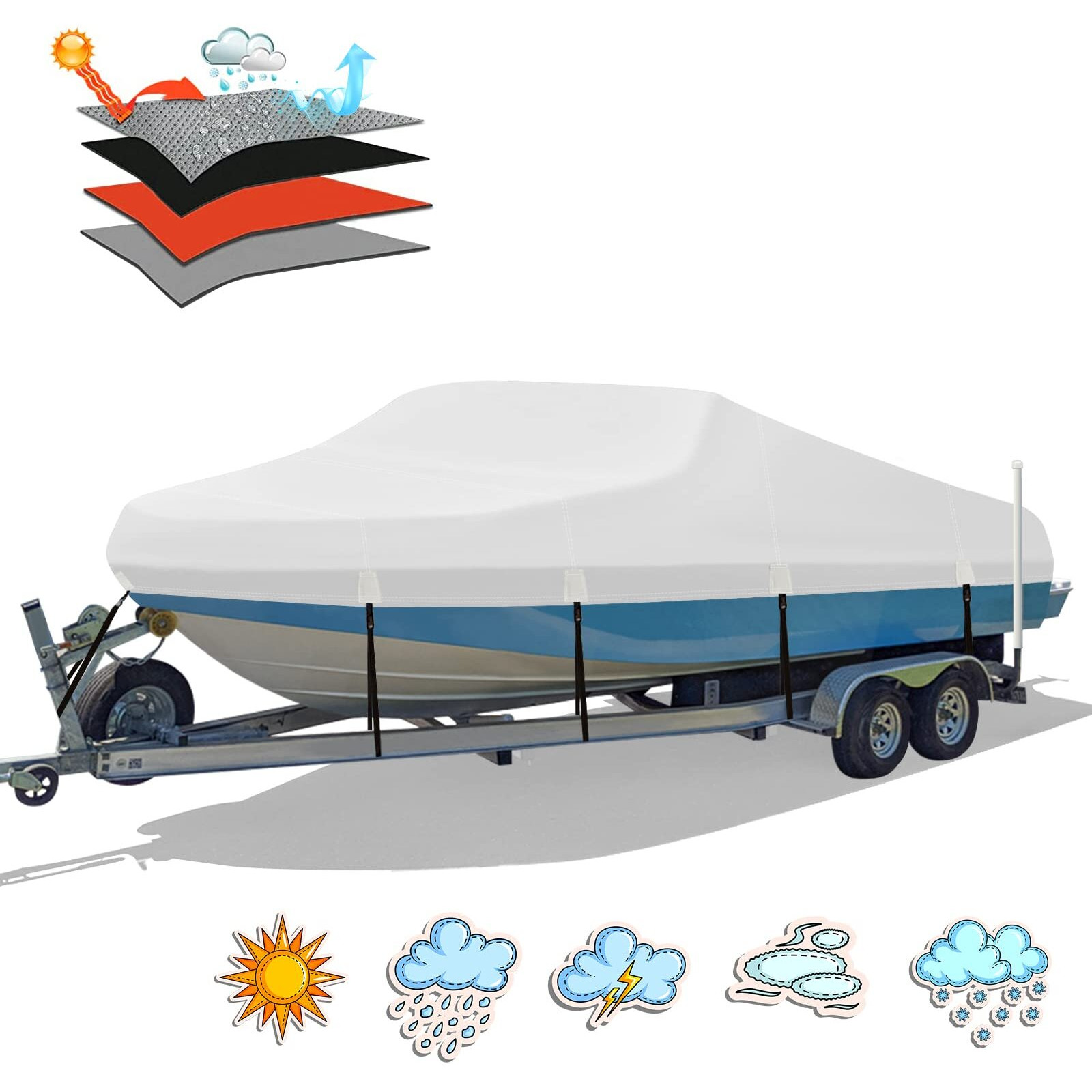 Hahasole Heavy Duty 1200D Pu Waterproof Boat Cover  14'- 16' Marine Grade Trailerable Polyester Canvas  Fits 14-16Ft V-Hull  Runabout  Bass Boat  Fishing Boat  Ski Boat With Tightening Strap  Black