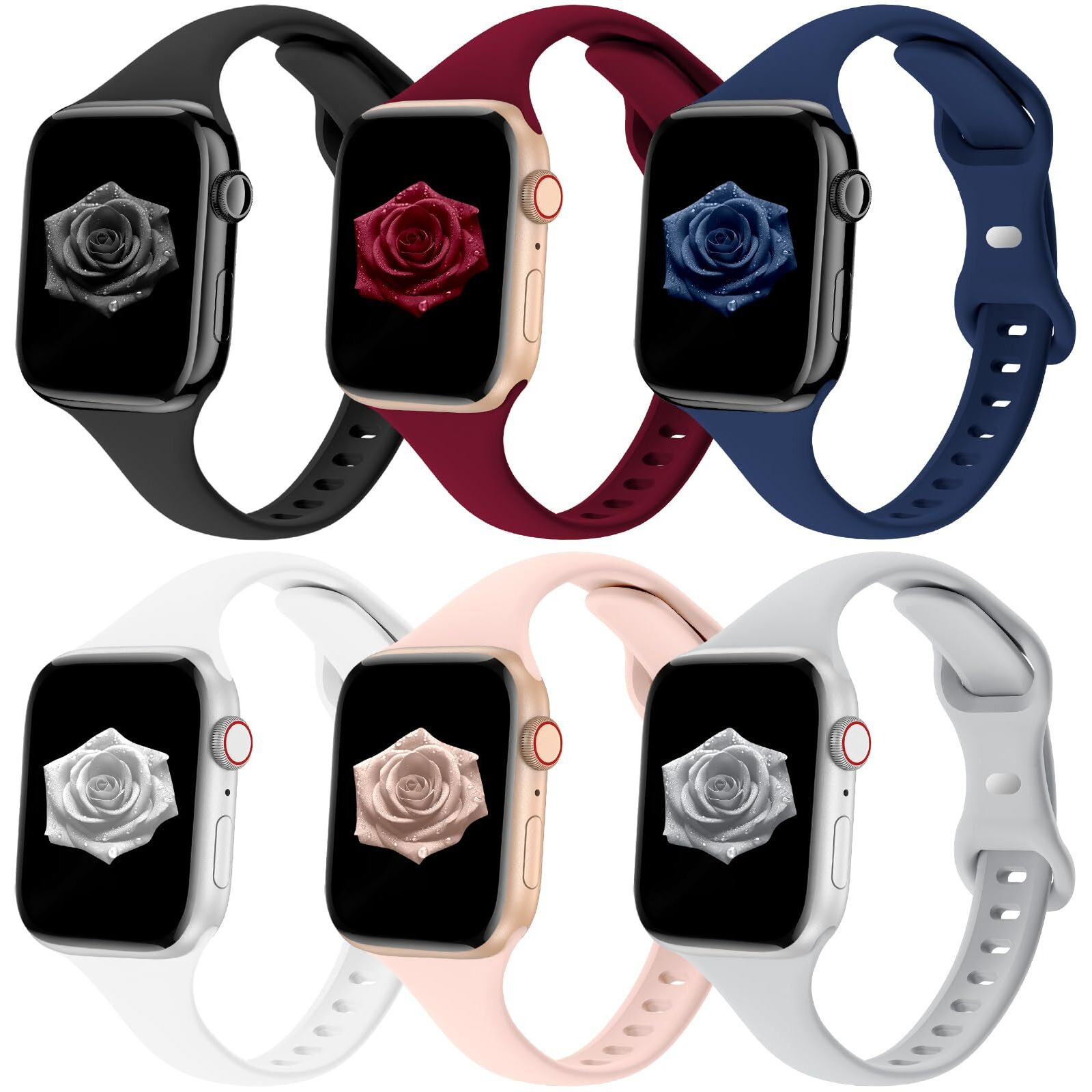 6 Pack Slim Thin Bands Compatible With Apple Watch 38Mm 40Mm 41Mm 42Mm 44Mm 45Mm 46Mm 49Mm  Replacement Soft Silicone Sport Strap Wristbands For Iwatch Series 10/9/8/7/6/5/4/3/2/1 Ultra Se Women Men