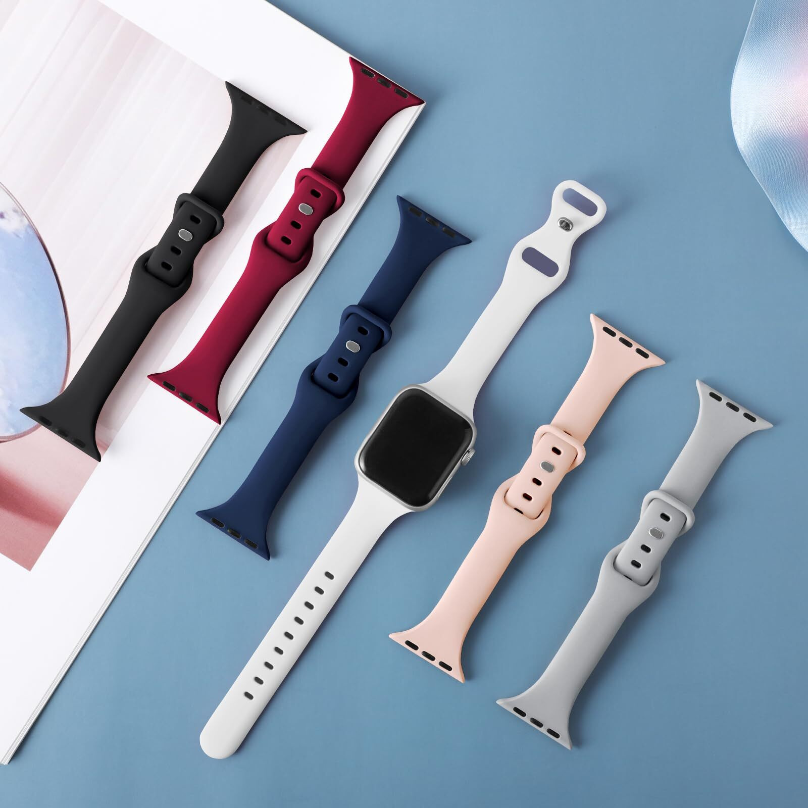 6 Pack Slim Thin Bands Compatible With Apple Watch 38Mm 40Mm 41Mm 42Mm 44Mm 45Mm 46Mm 49Mm  Replacement Soft Silicone Sport Strap Wristbands For Iwatch Series 10/9/8/7/6/5/4/3/2/1 Ultra Se Women Men