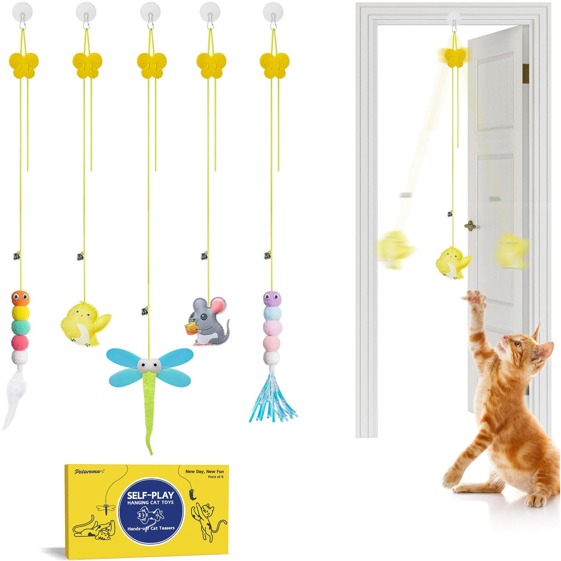 Potaroma Interactive Cat Feather Toys 5 Pcs  Cat Teaser Retractable Hanging Indoor Kitten Play Chase Exercise  Mental Physical Stimulation For All Breeds And Species