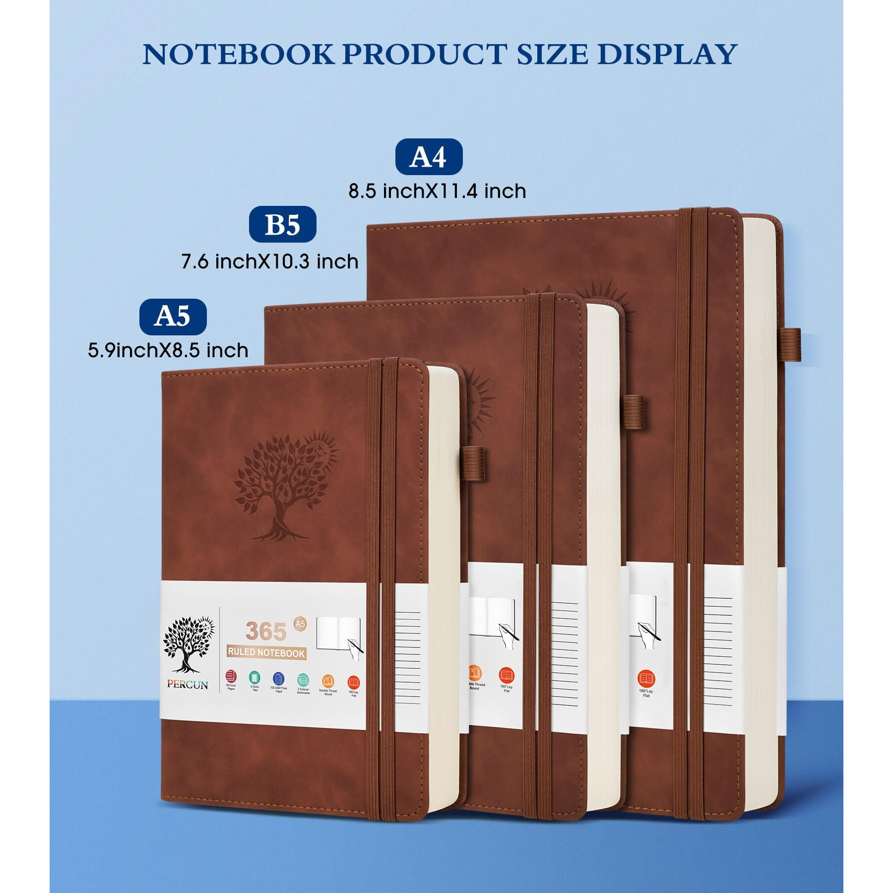 Percun A4 Lined Journal Notebook365 Page Large Leather Journals For Writing Women MenHardcover Notebook With 100Gsm Thick Pages For TravelWorkSchoolCollege Ruled  Daily Diary (8.5"" X 11.4"")
