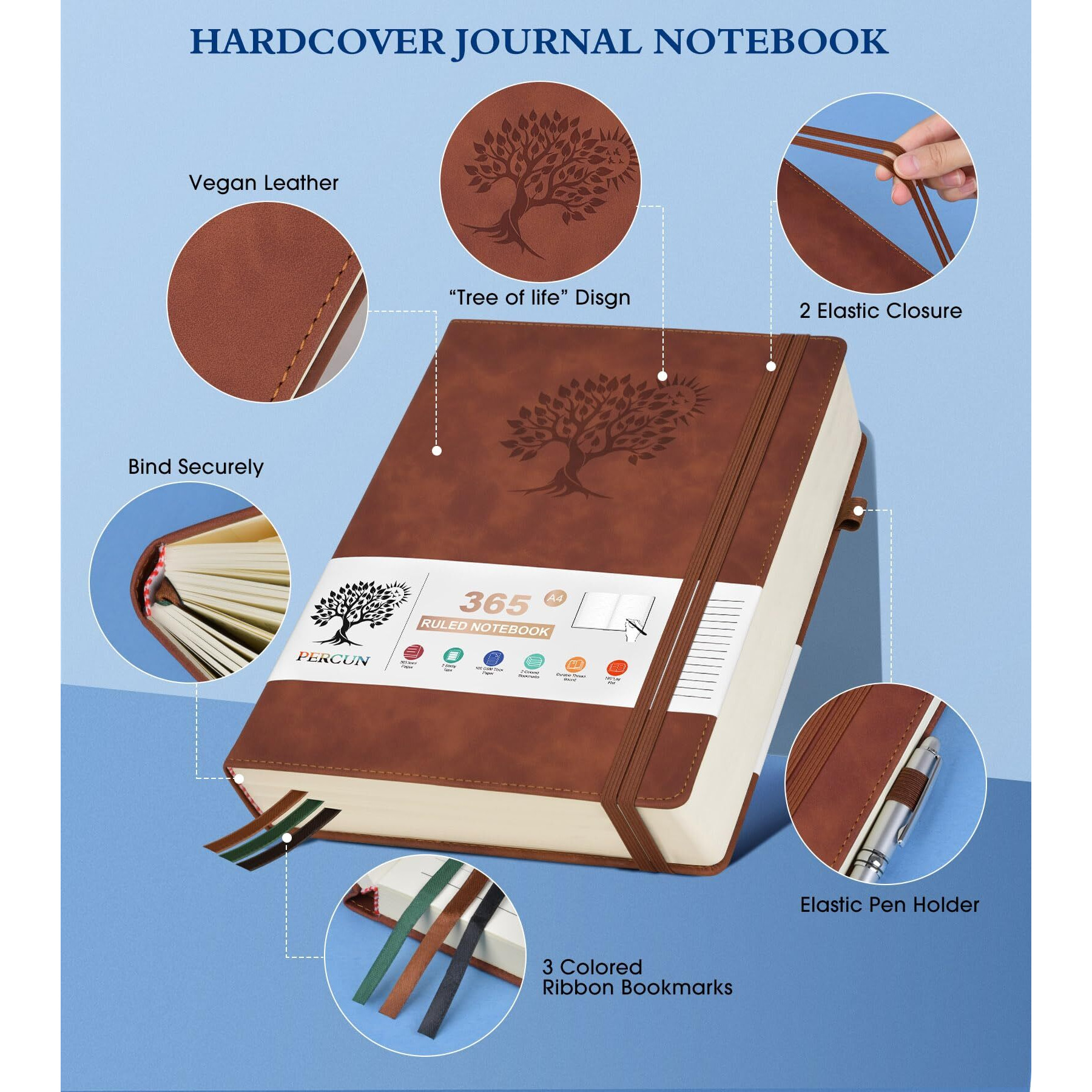 Percun A4 Lined Journal Notebook365 Page Large Leather Journals For Writing Women MenHardcover Notebook With 100Gsm Thick Pages For TravelWorkSchoolCollege Ruled  Daily Diary (8.5"" X 11.4"")