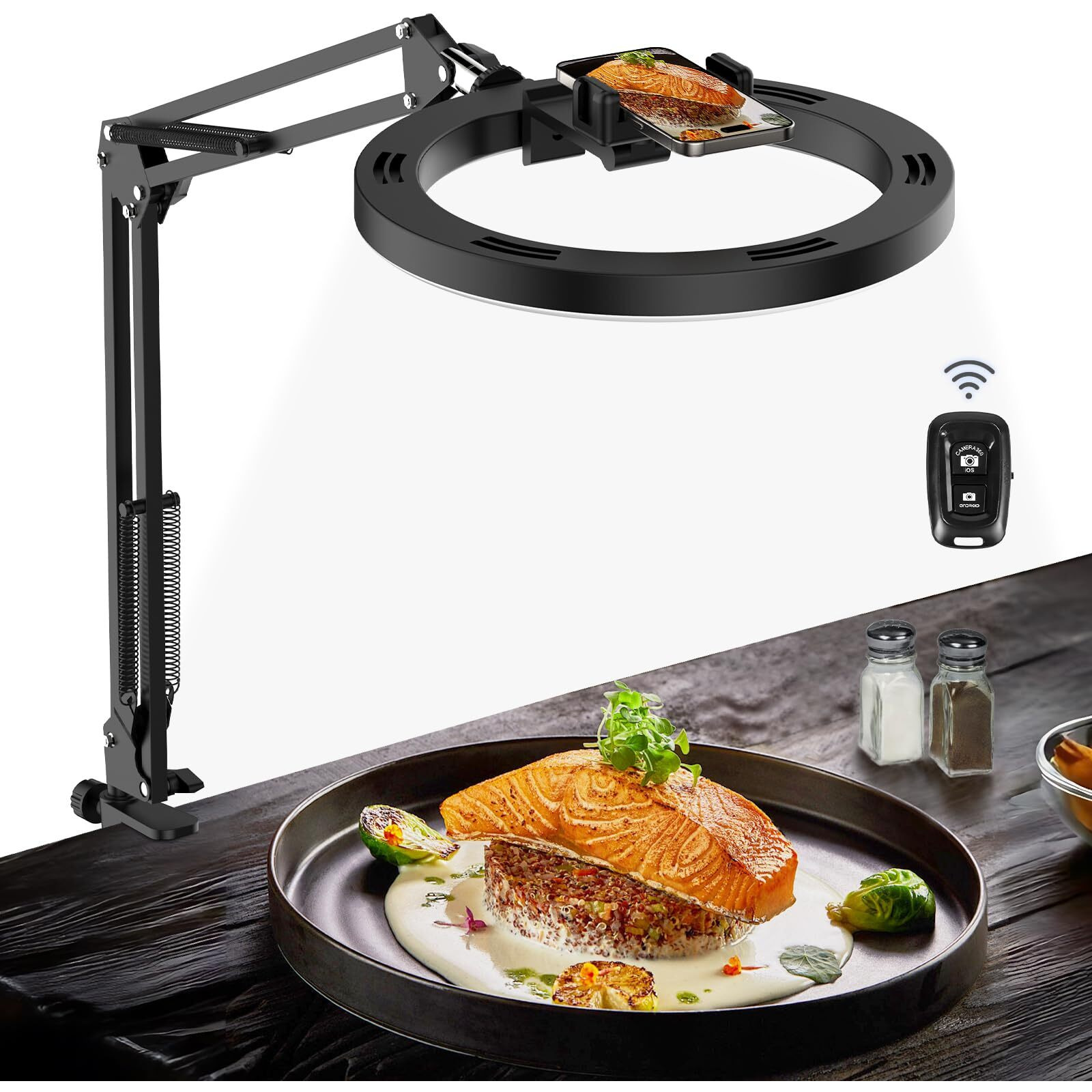 Overhead Camera Mount With Selfie Ring Light And Phone Holder  10"" Led Ring Light For Desk With Stand And Remote For Iphone Phone Tripod With Light For Video Recording Vlog Tiktok Live Stream Cooking