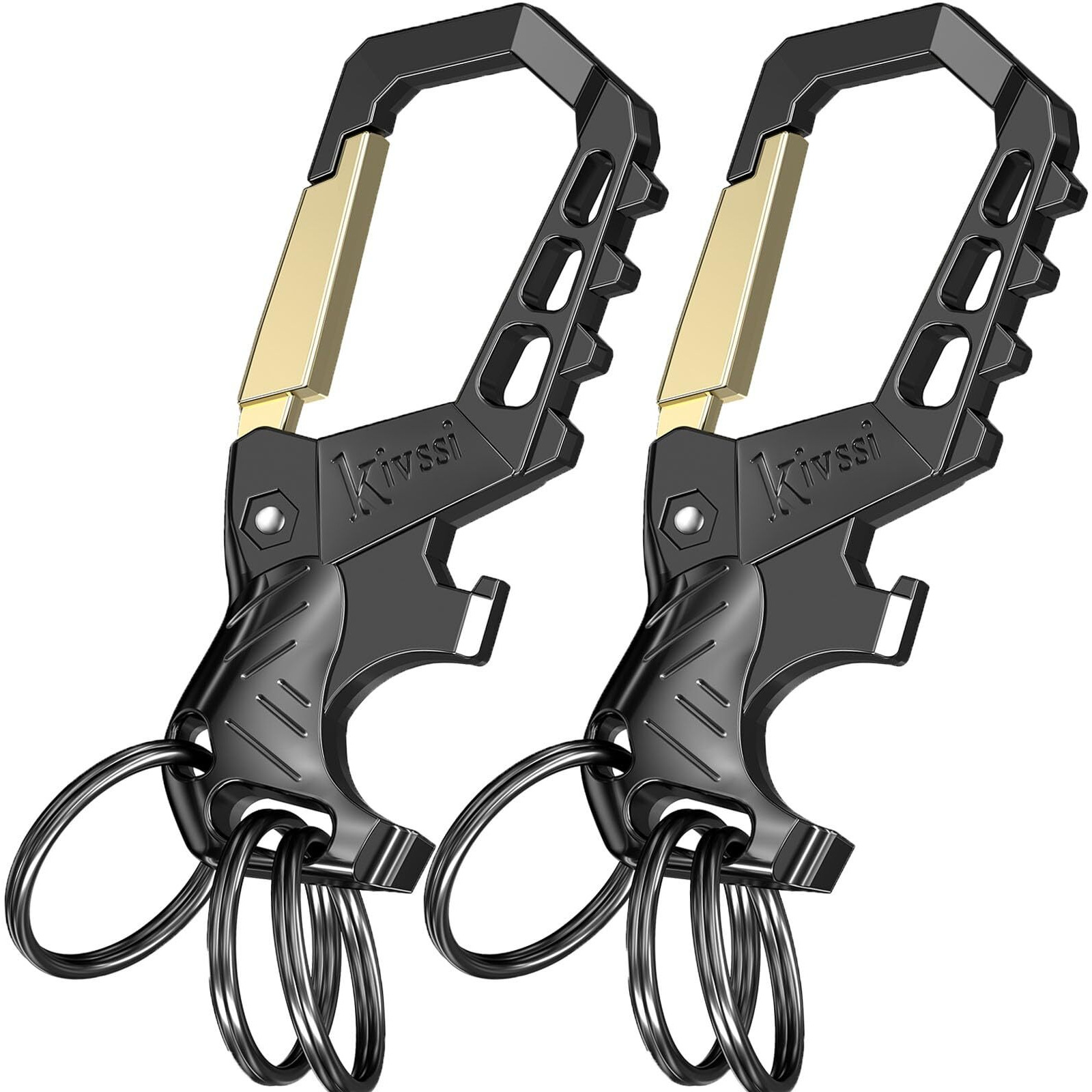Kivssi Heavy Duty Metal Keychains  Carabiner Clip Car Key Chains Fashion Family Keychain Bottle Opener And 3 Key Rings Suitable For Men And Women.(Gold-2Pcs