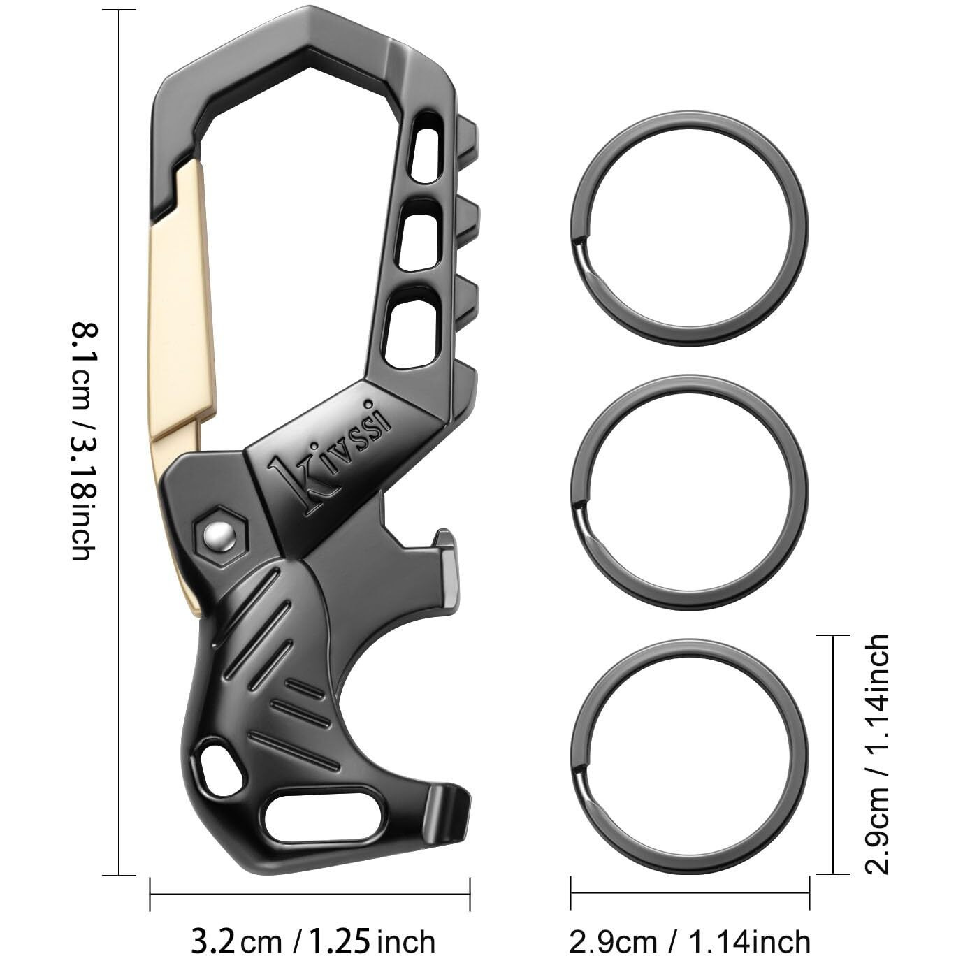 Kivssi Heavy Duty Metal Keychains  Carabiner Clip Car Key Chains Fashion Family Keychain Bottle Opener And 3 Key Rings Suitable For Men And Women.(Gold-2Pcs