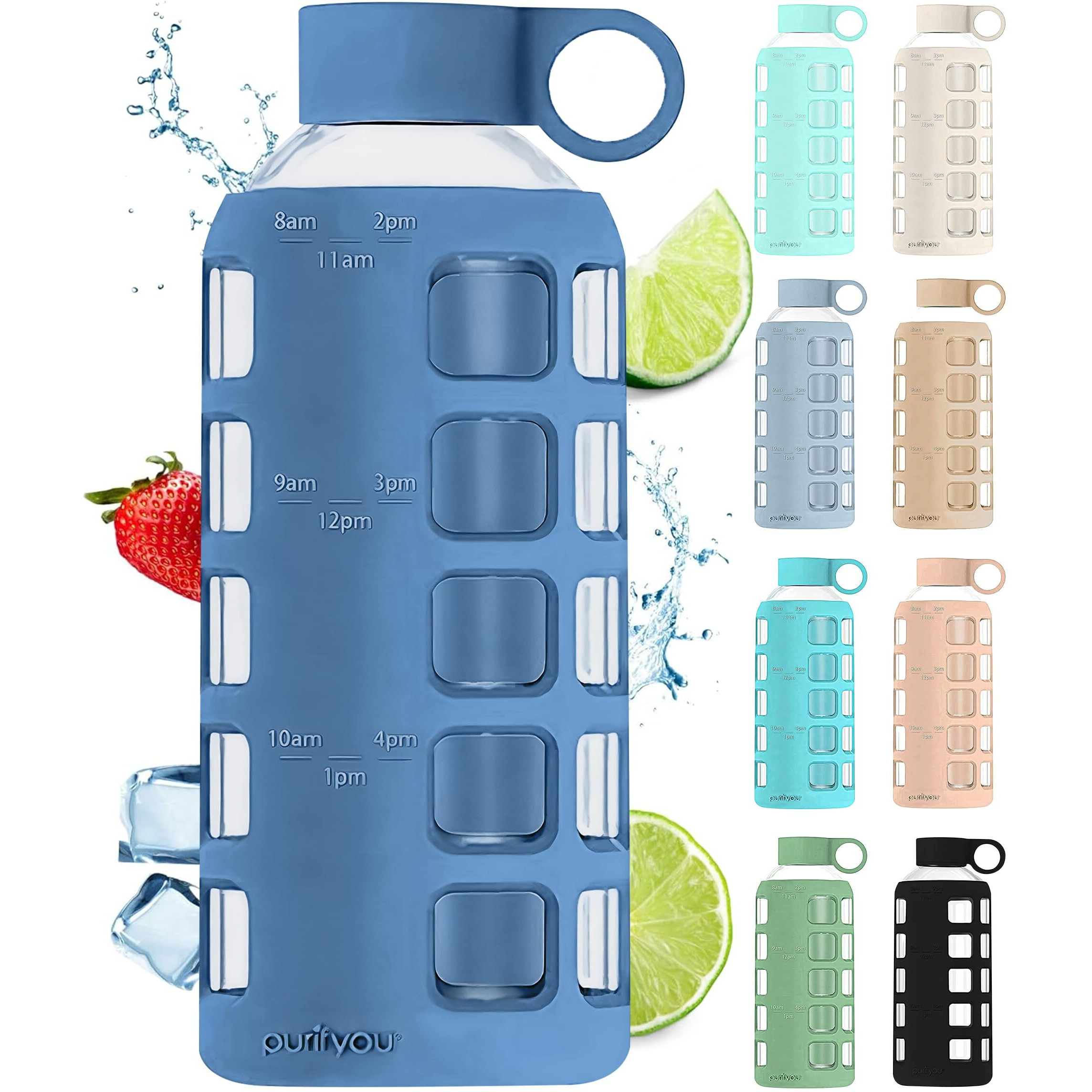 Purifyou 40/32/22/12 Oz Borosilicate Glass Water Bottles With Volume & Times To Drink  Silicone Sleeve & Stainless Steel Lid Insert  Reusable Bottle For Fridge Water  Juice (22Oz Chinese Porcelain)