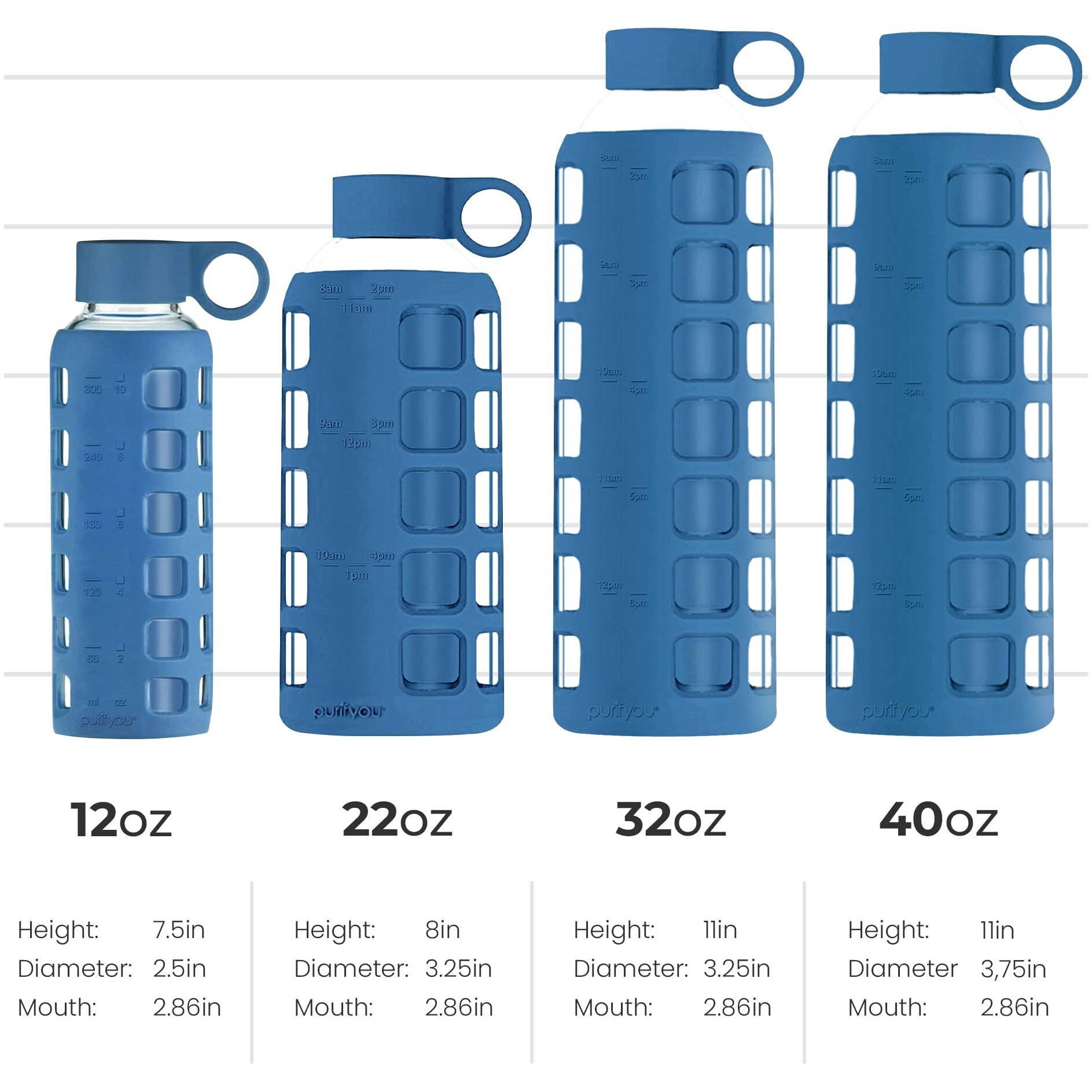 Purifyou 40/32/22/12 Oz Borosilicate Glass Water Bottles With Volume & Times To Drink  Silicone Sleeve & Stainless Steel Lid Insert  Reusable Bottle For Fridge Water  Juice (22Oz Chinese Porcelain)