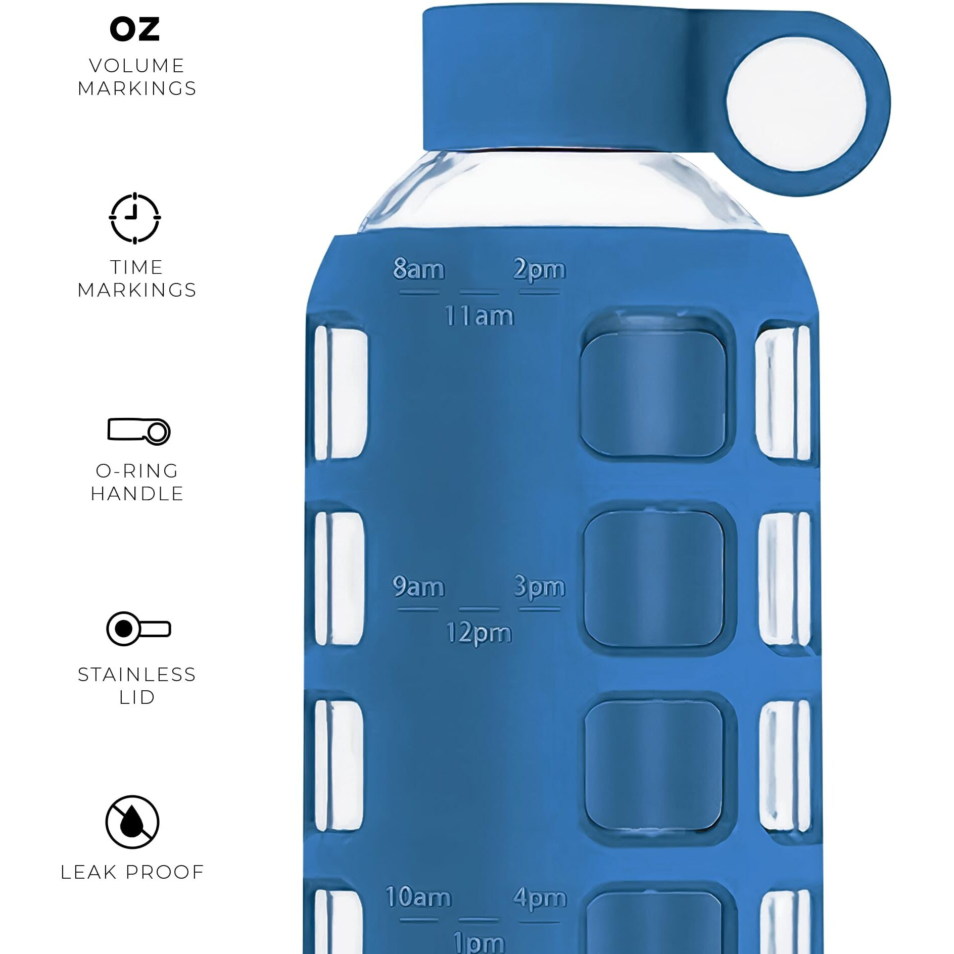 Purifyou 40/32/22/12 Oz Borosilicate Glass Water Bottles With Volume & Times To Drink  Silicone Sleeve & Stainless Steel Lid Insert  Reusable Bottle For Fridge Water  Juice (22Oz Chinese Porcelain)